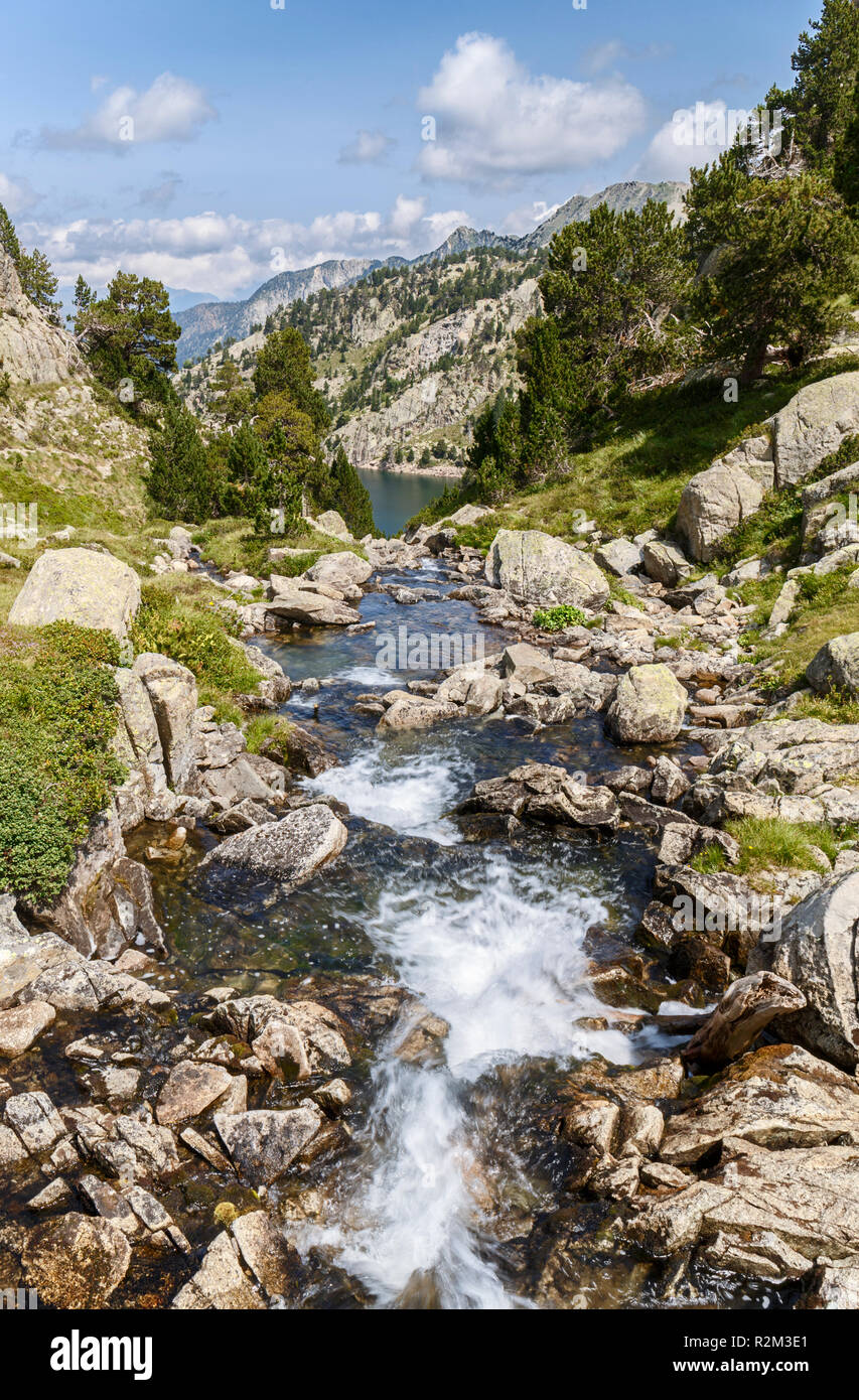 En aval de la rivière iin les Pyrénées Catalanes Banque D'Images