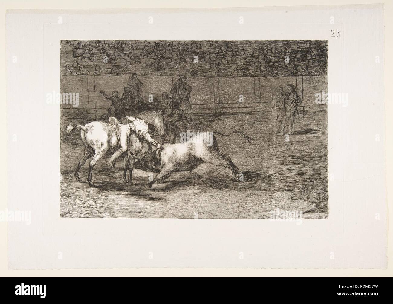 23 Plaque de la Tauromaquia':Mariano Ceballos, alias l'Indien, tue le taureau à partir de son cheval. Artiste : Goya (Francisco de Goya y Lucientes (Fuendetodos) espagnol, 1746-1828 Bordeaux). Plaque : 9 Dimensions : 13/16 x 13 7/8 in. (25 × 35,2 cm) feuille : 12 3/16 × 17 3/8 in. (30,9 × 44,2 cm). Date : 1816. Musée : Metropolitan Museum of Art, New York, USA. Banque D'Images