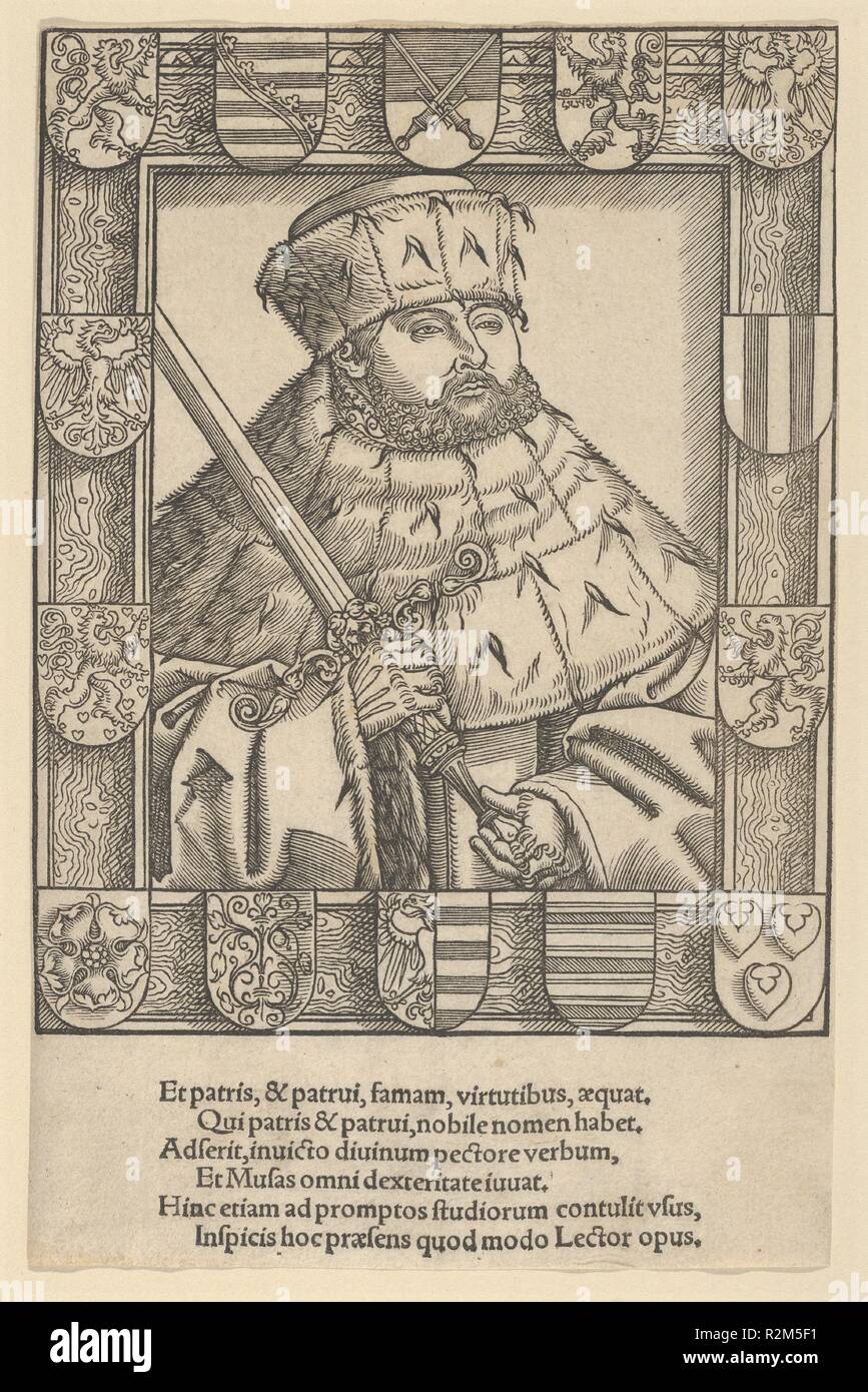 Copie de John Frederic le Magnanime, en général des robes. Artiste : Lucas Cranach le jeune et atelier (allemand, Wittenberg 1515-1586) Wittenberg. Fiche Technique : Dimensions : 7 × 13/16 5 1/8 in. (19,9 × 13 cm). Dans la même direction de blasons ajouté autour d'un cadre et avec une inscription ci-dessous. Musée : Metropolitan Museum of Art, New York, USA. Auteur : Lucas Cranach le jeune et atelier. Après Lucas Cranach le jeune. Banque D'Images