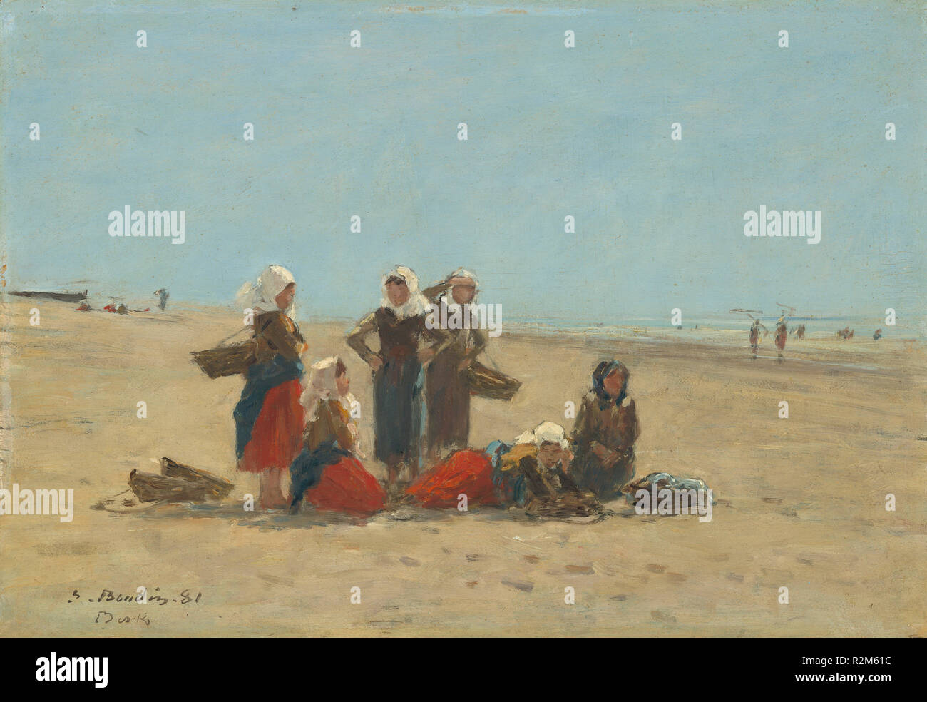 Les femmes sur la plage de Berck. En date du : 1881. Dimensions : hors tout : 24,8 x 36,2 cm (9 3/4 x 14 1/4 in.) : 41,6 x 52,4 encadré x 5,2 cm (16 3/8 x 20 5/8 x 2 1/16 in.). Médium : Huile sur bois. Musée : National Gallery of Art, Washington DC. Auteur : Eugène Boudin. Banque D'Images