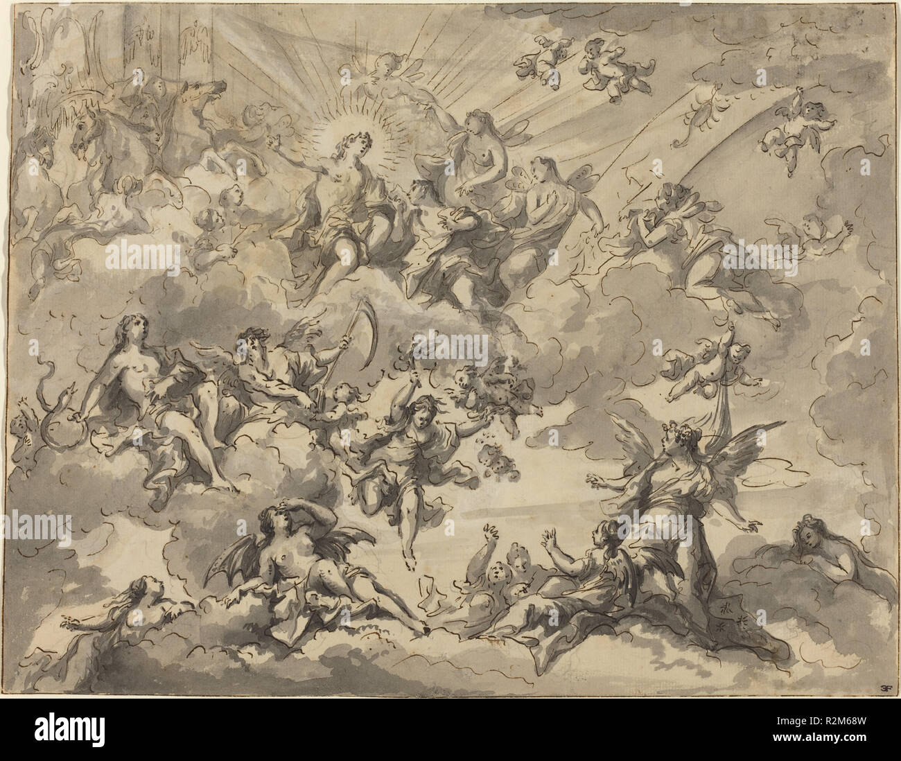 Apollon et les Muses. Dimensions : hors tout : 26,5 x 34,2 cm (10 7/16 x 13 7/16 po.). Médium : plume et encre noire avec lavage gris sur mine sur papier vergé. Musée : National Gallery of Art, Washington DC. Auteur : GIUSEPPE VALERIANI. Banque D'Images