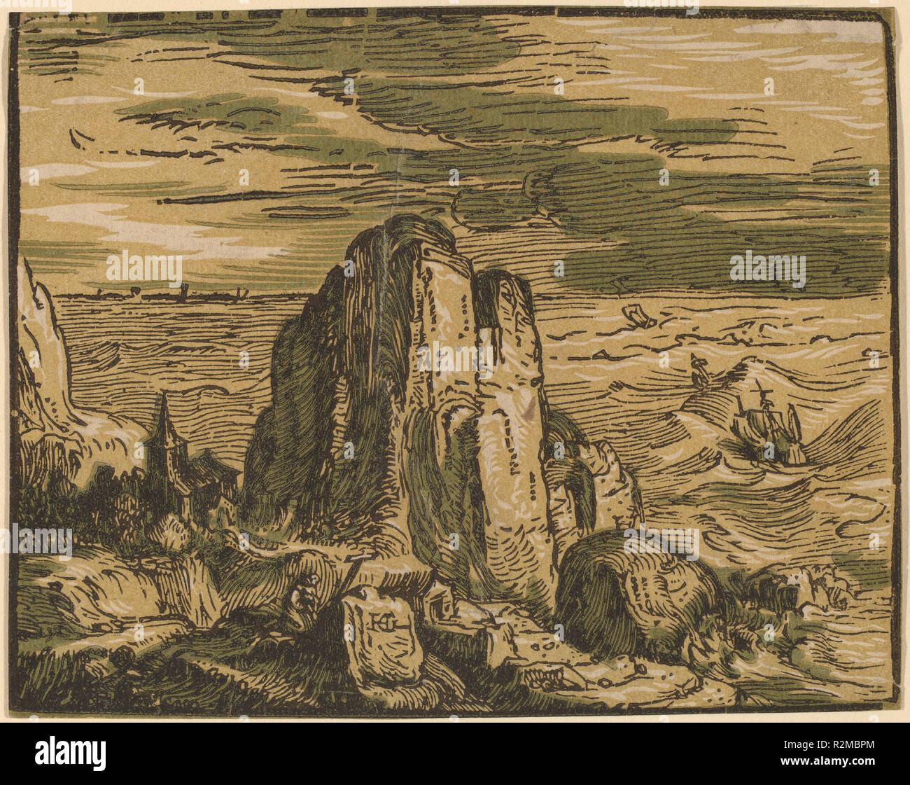 Sur le bord de la falaise. En date du : probablement 1592/1595. Technique : gravure sur bois en camaïeu sépia-ocre, vert et noir. Musée : National Gallery of Art, Washington DC. Auteur : Hendrik Goltzius. HENDRICK GOLTZIUS. Banque D'Images