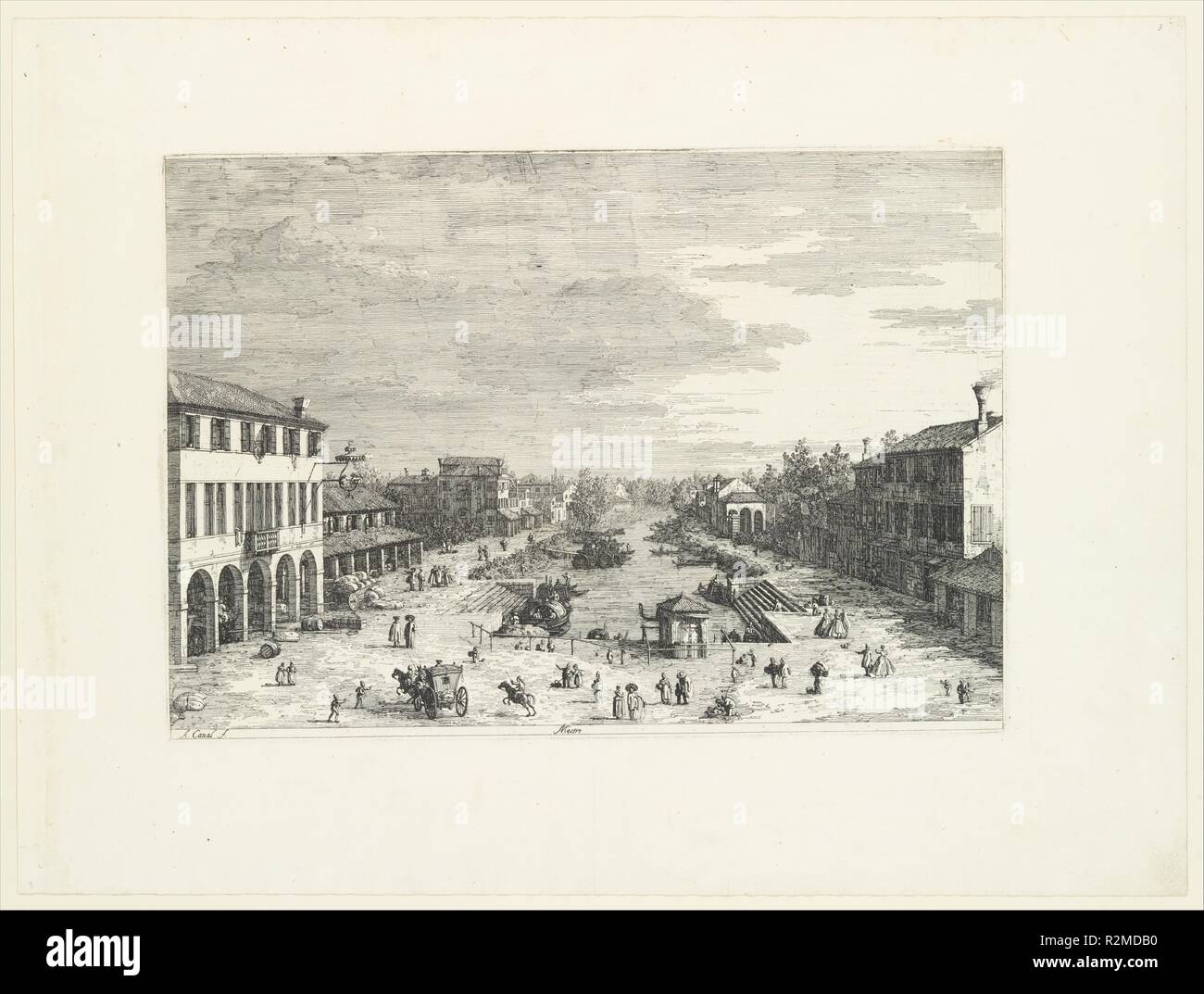 Avis de Mestre, une auberge à gauche et d'autres divers bâtiments qui bordent le canal, à partir de 'Vues' (Vedute altre prese da i luoghi altre ideate da Antonio Canal). Artiste : Canaletto (Giovanni Antonio Canal), Italien (1697-1768) Venise Venise. Dédicataire : Joseph Smith (British, ca. 1674-1770). Dimensions : Plateau : 11 × 16 13/16 15/16 in. (30 × 43 cm) feuille : 17 × 23 5/8 à 9/16. (44,7 × 59,8 cm). Series/portefeuille : 'Vues' (Vedute altre prese da i luoghi altre ideate da Antonio Canal). Date : 1735-46. Musée : Metropolitan Museum of Art, New York, USA. Banque D'Images