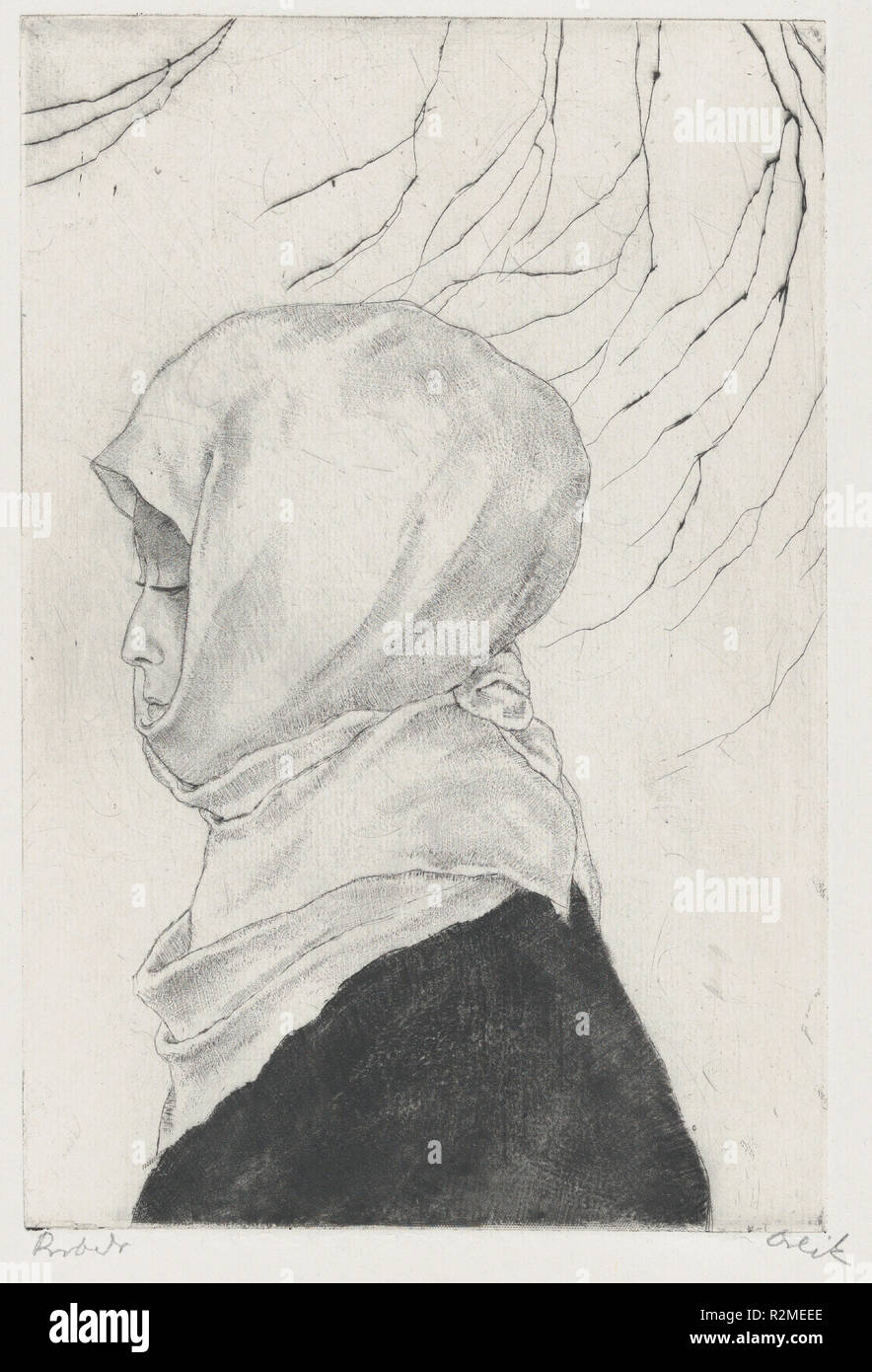 Femme japonaise en vêtements d'hiver. Artiste : Emil Orlik (Prague, Berlin 1870-1932 austro-hongrois). Fiche technique : Dimensions : 13 x 12 13/16 in. (33 x 32,5 cm) Plaque : 9 7/16 x 6 1/4 in. (24 x 15,9 cm). Date : n.d.. Musée : Metropolitan Museum of Art, New York, USA. Banque D'Images