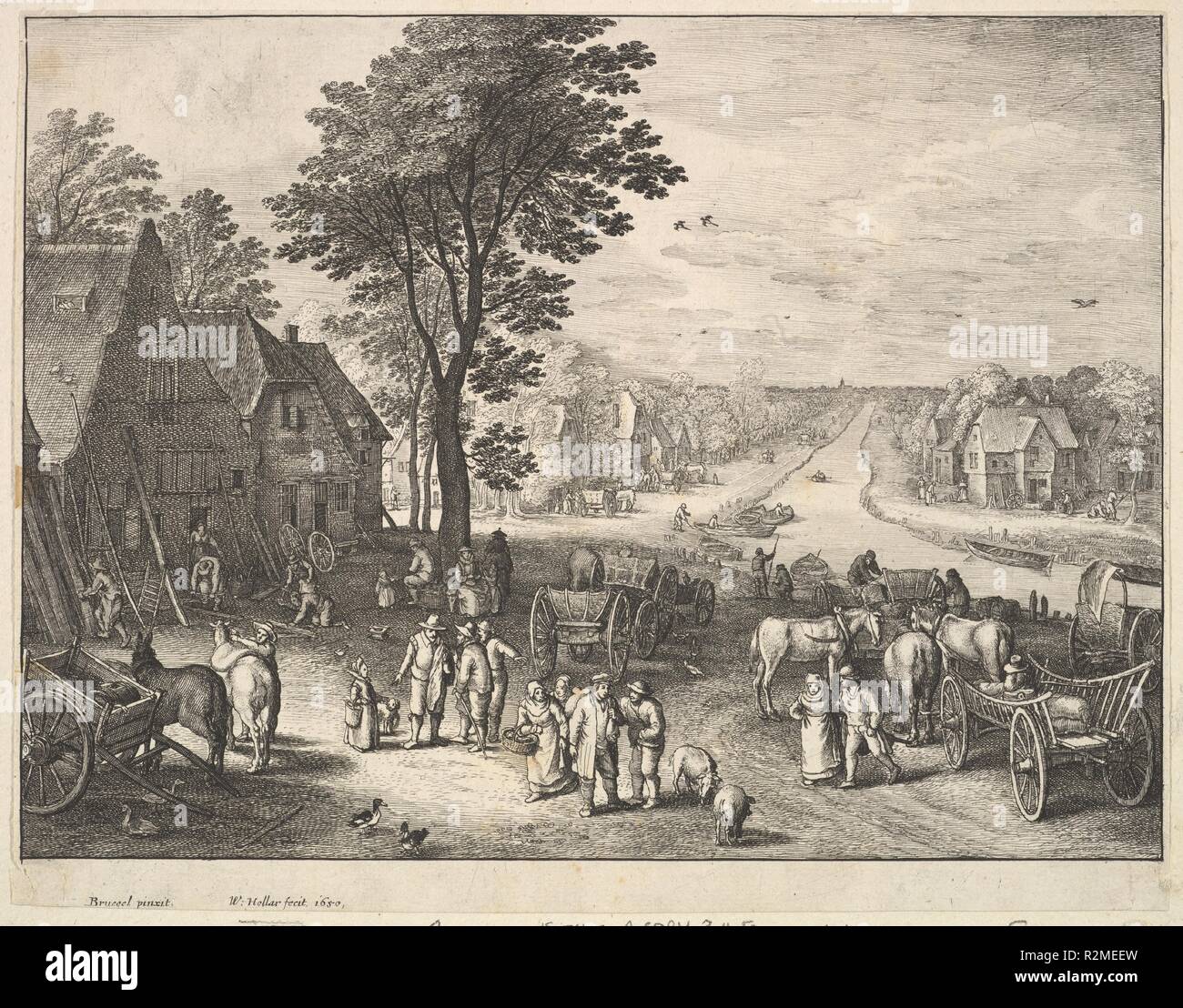 Le canal de droite. Artiste : Après Jan Brueghel l'ancien (Bruxelles, Russisch 1568-1625 Anvers). Fiche Technique : Dimensions : 7 1/16 x 9 1/8 in. (17,9 × 23,2 cm). Graveur : Wenceslaus Hollar (Bohème, Prague 1607-1677 Londres). Date : 1650. Les villageois la marche et la conversation sur la rive gauche d'un canal entre les charrettes et les chevaux, d'autres assis sous un arbre et travaillent près des chalets. Musée : Metropolitan Museum of Art, New York, USA. Auteur : Après Jan Brueghel l'ancien. Wenceslaus Hollar après Pieter Brueghel le Jeune. Banque D'Images