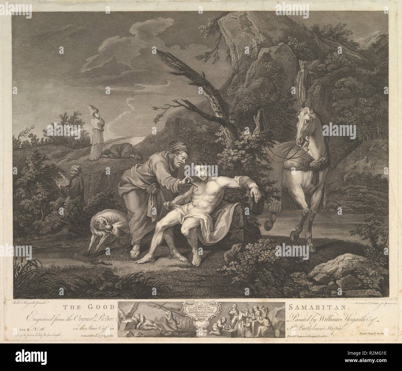 Le Bon Samaritain (St. Luc, Chapitre 10, verset 30). Artiste : Après William Hogarth (britannique, Londres 1697-1764 Londres). Dimensions : Plateau : 16 x 22 3/4 à 5/16. (42,5 x 56,7 cm) Petite plaque inférieure : 2 5/16 x 8 5/16 in. (5,8 x 56,7 cm) : Feuille 19 x 23 7/8 in. (50,5 x 58,4 cm). Graveur : Simon Francis Ravenet, l'ancien (Français, 1706-1774) ; Jean Marie Delattre (Français, Abbeville 1745-1840 Fulham, London). Editeur : John & Josiah Boydell (britannique, 1786-1804). Date : février 24,1772. Musée : Metropolitan Museum of Art, New York, USA. Auteur : après William Hogarth. Simon François Ravenet. Banque D'Images