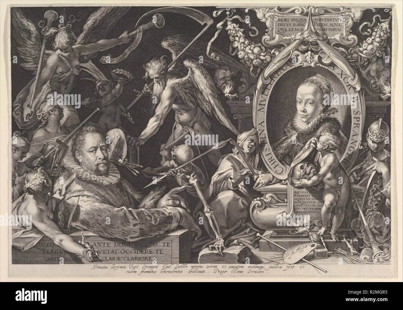 Bartholomeus Spranger avec Portrait d'une allégorie sur la mort de sa femme, Christina Muller. Artiste : Aegidius Sadeler II (Anvers 1568-1629 Russisch, Prague) ; Après Bartholomeus Spranger (Anvers 1546-1611 Russisch, Prague). Fiche technique : Dimensions : 11 3/4 x 16 9/16 in. (29,9 x 42,1 cm). Date : 1600. Musée : Metropolitan Museum of Art, New York, USA. Auteur : Après Bartholomeus Spranger. Aegidius Sadeler II. Aegidius Sadeler II, après Bartholomaeus Spranger. Banque D'Images