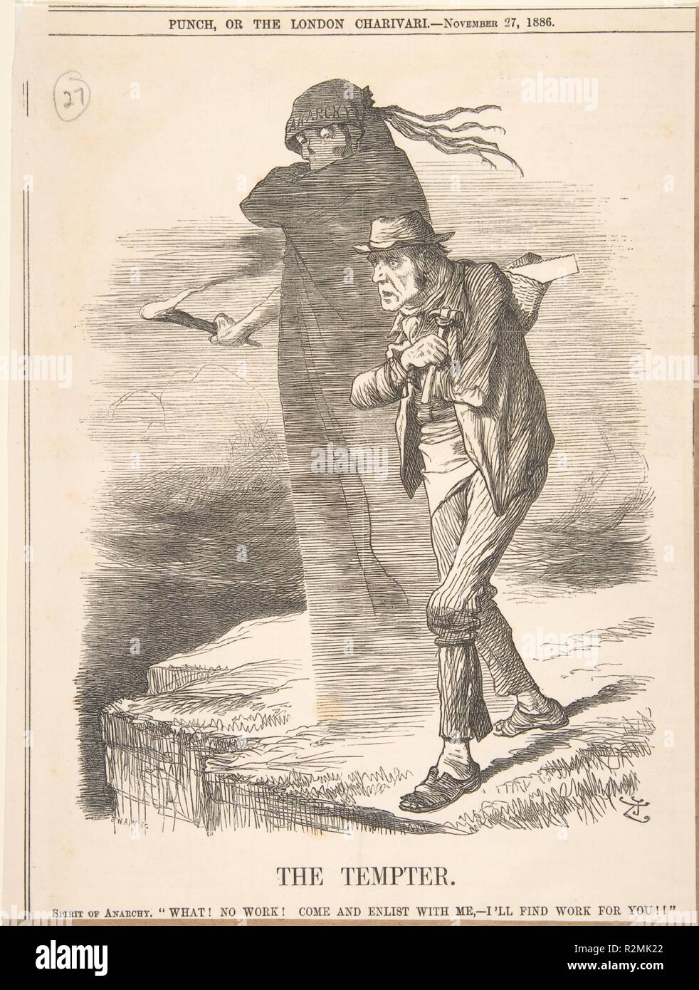 Le tentateur (poinçon, 27 novembre 1886). Artiste : Sir John Tenniel (britannique, Londres 1820-1914 Londres). Fiche Technique : Dimensions : 10 3/8 x 7 3/4 in. (26,4 x 19,7 cm). Date : 1886. Cette impression satirique publié dans le périodique "Punch' montre une fine, homme désespéré incapable de trouver du travail au bord d'une falaise avec la mort l'éprouver pour sauter. Musée : Metropolitan Museum of Art, New York, USA. Banque D'Images