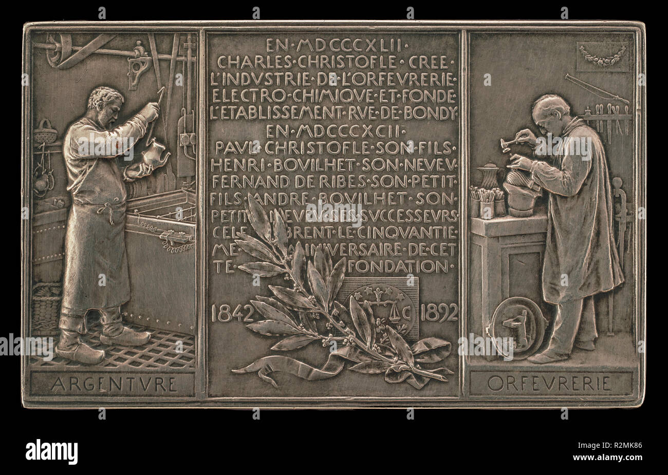 Cinquantième anniversaire de l'entreprise Christofle, 1842-1892 [AR]. En date du : 1892. Dimensions : hors tout : 6 x 9,4 cm (2 3/8 x 3 11/16 in.). Technique : bronze argenté. Musée : National Gallery of Art, Washington DC. Auteur : Louis-Oscar Roty. Banque D'Images