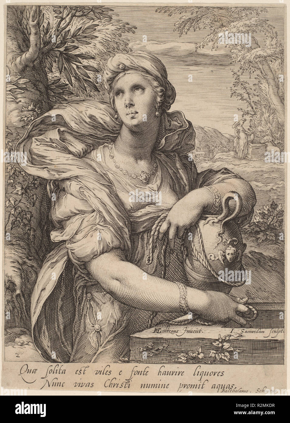 Samarian femme au puits. Fiche technique : Dimensions : 18,6 x 13,7 cm (7 5/16 x 5 3/8 in.) (découpés à la plaque d'interrogation). Technique : gravure sur bois sur papier. Musée : National Gallery of Art, Washington DC. Auteur : Jan Pietersz Saenredam, après Hendrik Goltzius. Banque D'Images