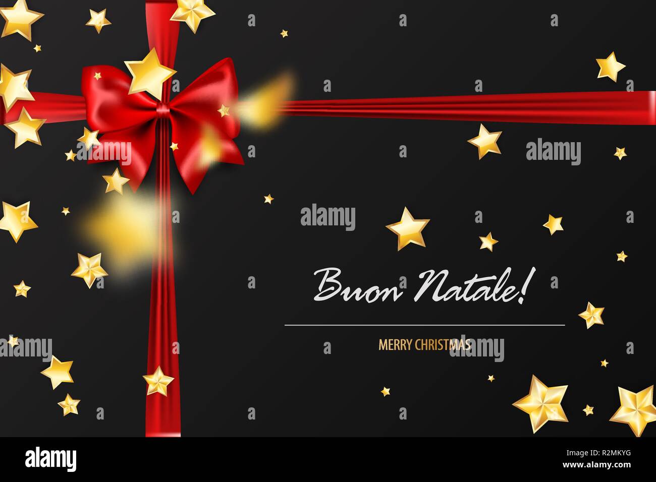 Buon Natale - Joyeux Noël salutations italien. Maison de vacances cadeau de Noël de soie rouge. Noël Décoration textile. Vector illustration 3D réaliste. Étoile d'or Illustration de Vecteur