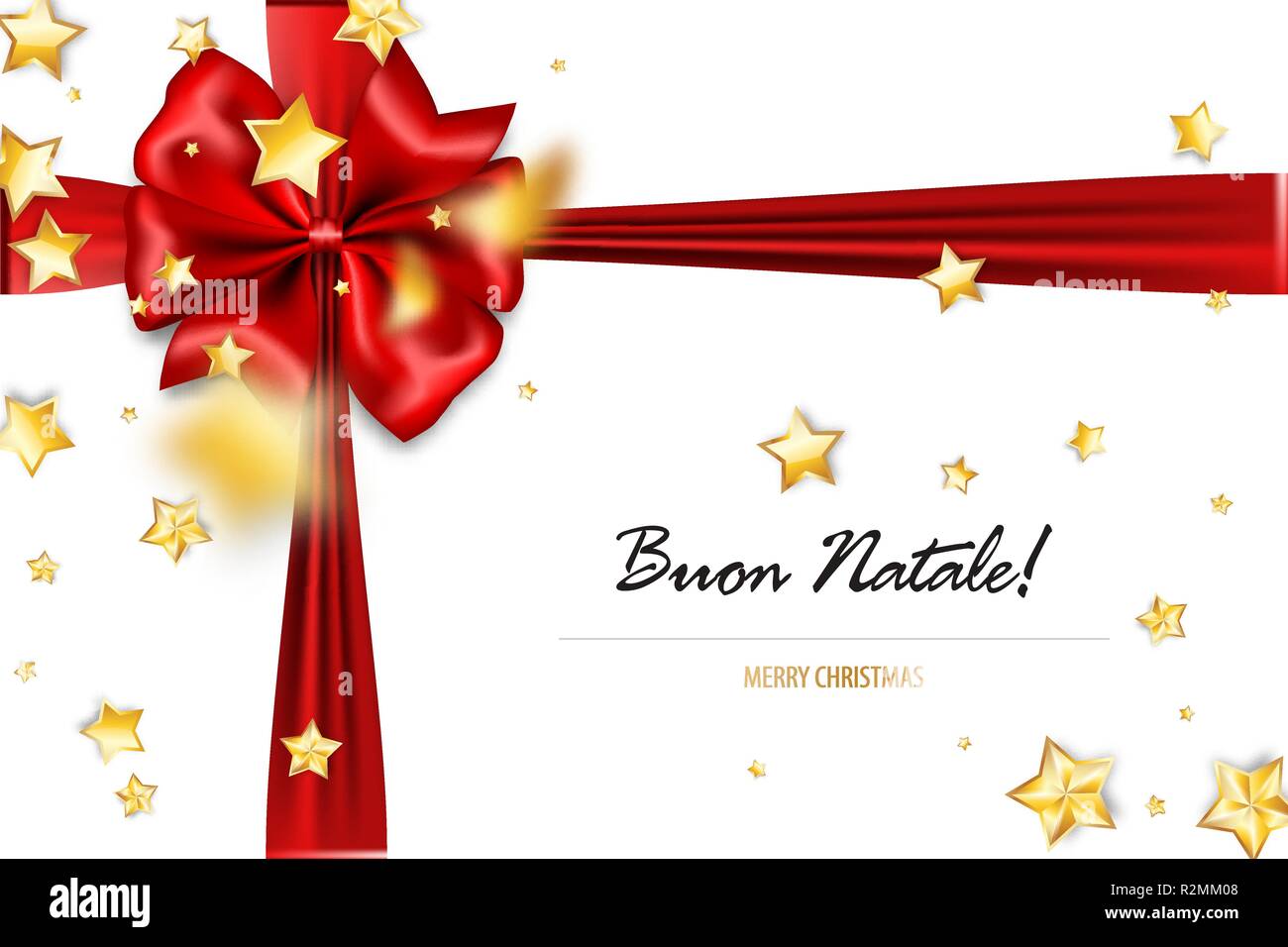 Buon Natale - Joyeux Noël salutations italien. Maison de vacances cadeau de Noël de soie rouge. Noël Décoration textile. Vector illustration 3D réaliste. Étoile d'or Illustration de Vecteur