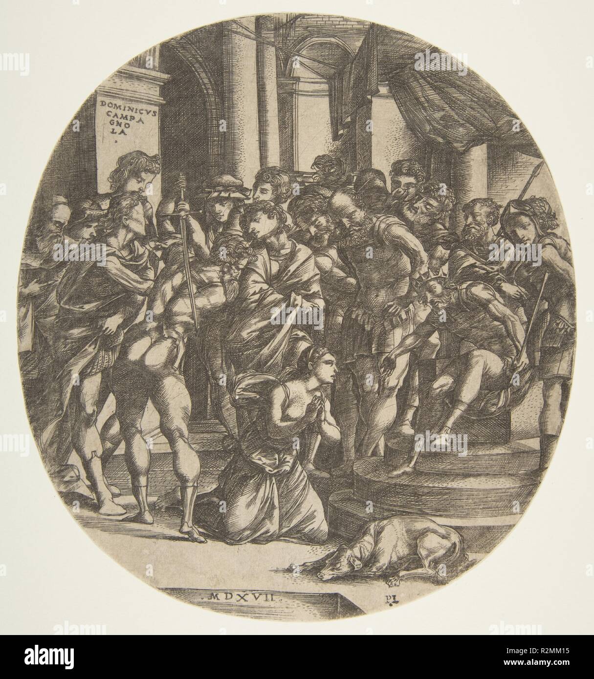 Figure féminine (Saint Catherine ?) à genoux sur le sol au centre de la pièce à une figure masculine (Maximus ?) qui porte une couronne et est assis sur un trône, à droite ; à gauche une figure avec l'épée posée sur le point de frapper la femme, un groupe de figures à sur en arrière-plan. Artiste : Domenico Campagnola (Italien, Venise ( ?) 1500-1564 Padoue). Dimensions : feuille (format ovale, parés à l'assiette) : 7 1/2 × 6 7/8 in. (19 × 17,5 cm). Date : 1517. Musée : Metropolitan Museum of Art, New York, USA. Banque D'Images