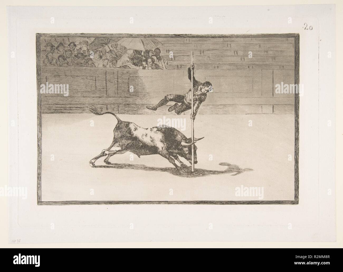 20 Plaque de la 'Tauromaquia':l'agilité et l'audace de Juanito Apiñani dans [l'anneau] à Madrid. Artiste : Goya (Francisco de Goya y Lucientes (Fuendetodos) espagnol, 1746-1828 Bordeaux). Dimensions : Plateau : 9 5/8 x 13 7/8 in. (24,5 × 35,3 cm) en 11. × 15 3/16 po. (28 × 38,5 cm). Series/portefeuille : La Tauromaquia. Date : 1816. 16.4.2 ; 16.4.3 ; 16.4.4 ; sont toutes sur papier avec filigrane n° 1. À l'examen microscopique, il est clair que les lignes et l'aquatinte sont plus fins que dans les impressions de la MMA jeu complet (21.19.1-33) imprimé sur du papier qui semble être uniformément Serra faire, ev Banque D'Images