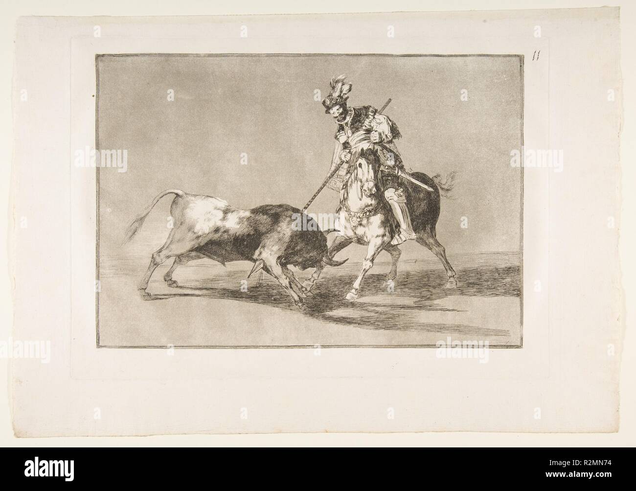 Planche 11 de la Tauromaquia':l'Hotel Nobel harponner un autre taureau. Artiste : Goya (Francisco de Goya y Lucientes (Fuendetodos) espagnol, 1746-1828 Bordeaux). Plaque : 9 Dimensions : 13/16 x 13 3/4 in. (25 × 35 cm) feuille : 12 × 1/16 17 5/16 in. (30,7 × 44 cm). Date : 1816. Musée : Metropolitan Museum of Art, New York, USA. Banque D'Images