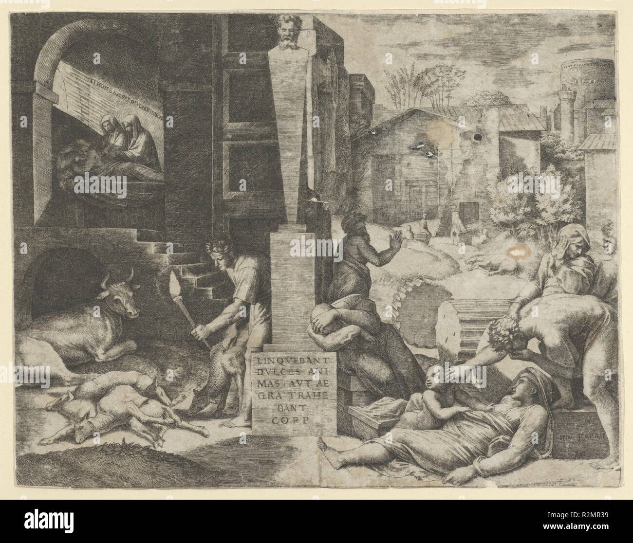 Une peste scène à droite, à gauche un homme tenant un flambeau éclairant une partie de la scène, les gens malades à la droite. Artiste : Marcantonio Raimondi (Italien, Argini ( ?) ca. 1480-avant 1534 Bologna ( ?)) ; Après Raphael (Raffaello Sanzio ou Santi) (Italien, Urbino 1483-1520 Rome). Fiche Technique : Dimensions : 7 × 9 11/16 13/16 in. (19,5 × 25 cm). Date : ca. 1515-16. Musée : Metropolitan Museum of Art, New York, USA. Banque D'Images