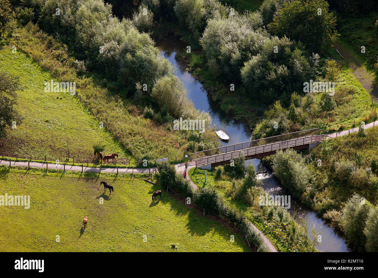 Vue aérienne, Seseke, Art, péniche, classe Löbbert, professeurs Maik et Dirk Löbbert, paysage brook Kamen, Ruhr, Rhénanie du Nord-Westphalie, Allemagne, Europe, Banque D'Images