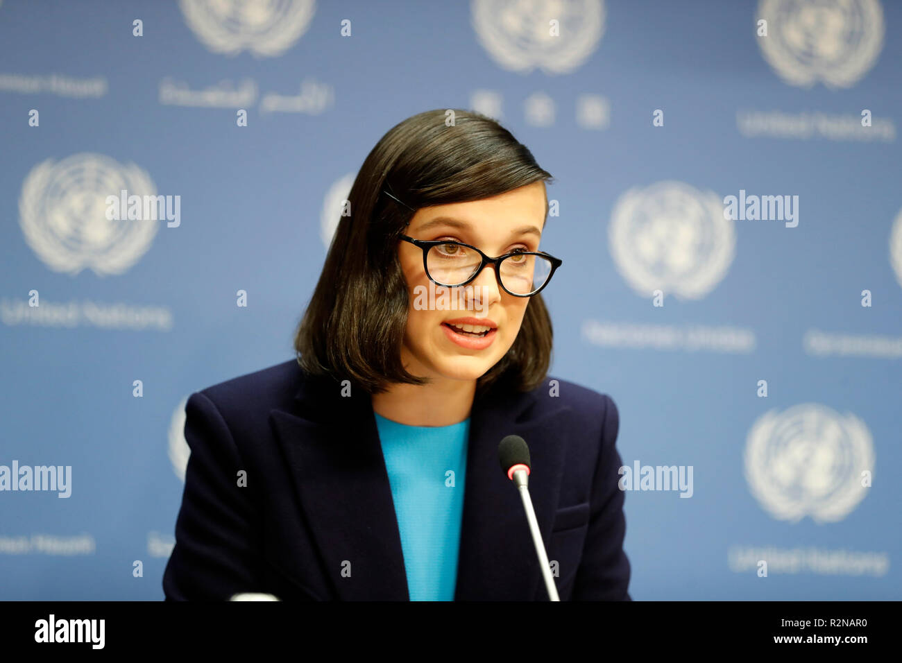 Organisation des Nations Unies. 20 Nov, 2018. L'actrice britannique Millie Bobby Brown parle lors d'une conférence de presse au siège des Nations Unies à New York, le 20 novembre 2018. Millie Bobby Brown le mardi s'est engagé à 'Speak out' des droits de l'enfant dans son nouveau rôle en tant que plus jeune ambassadeur de bonne volonté du Fonds des Nations Unies pour l'agence. Credit : Muzi Li/Xinhua/Alamy Live News Banque D'Images