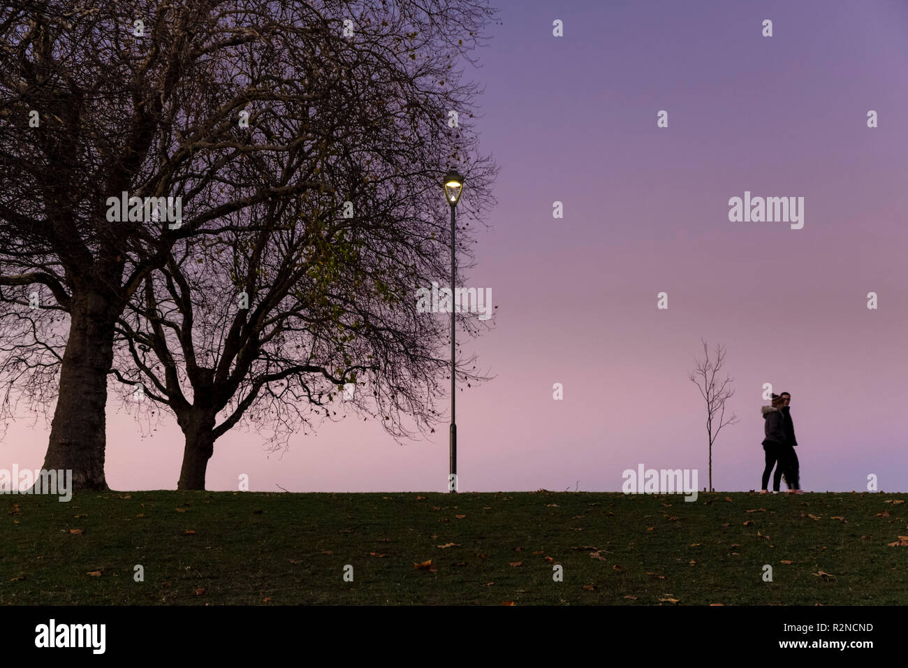 Un couple de personnes à pied d'arbres et d'un réverbère dans un parc sur une nuit d'automne, Nottingham, England, UK Banque D'Images