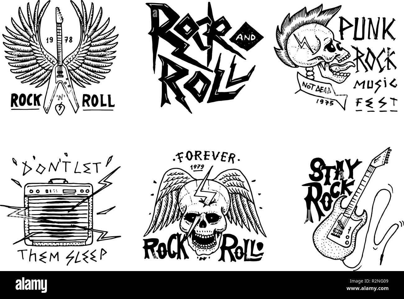 Ensemble de symboles de musique rock avec guitare, des ailes et du crâne. les étiquettes, logos. Heavy metal conception de modèles de t-shirt, la nuit de la partie et festival. Faites à la main. Dessin gravé. Illustration de Vecteur