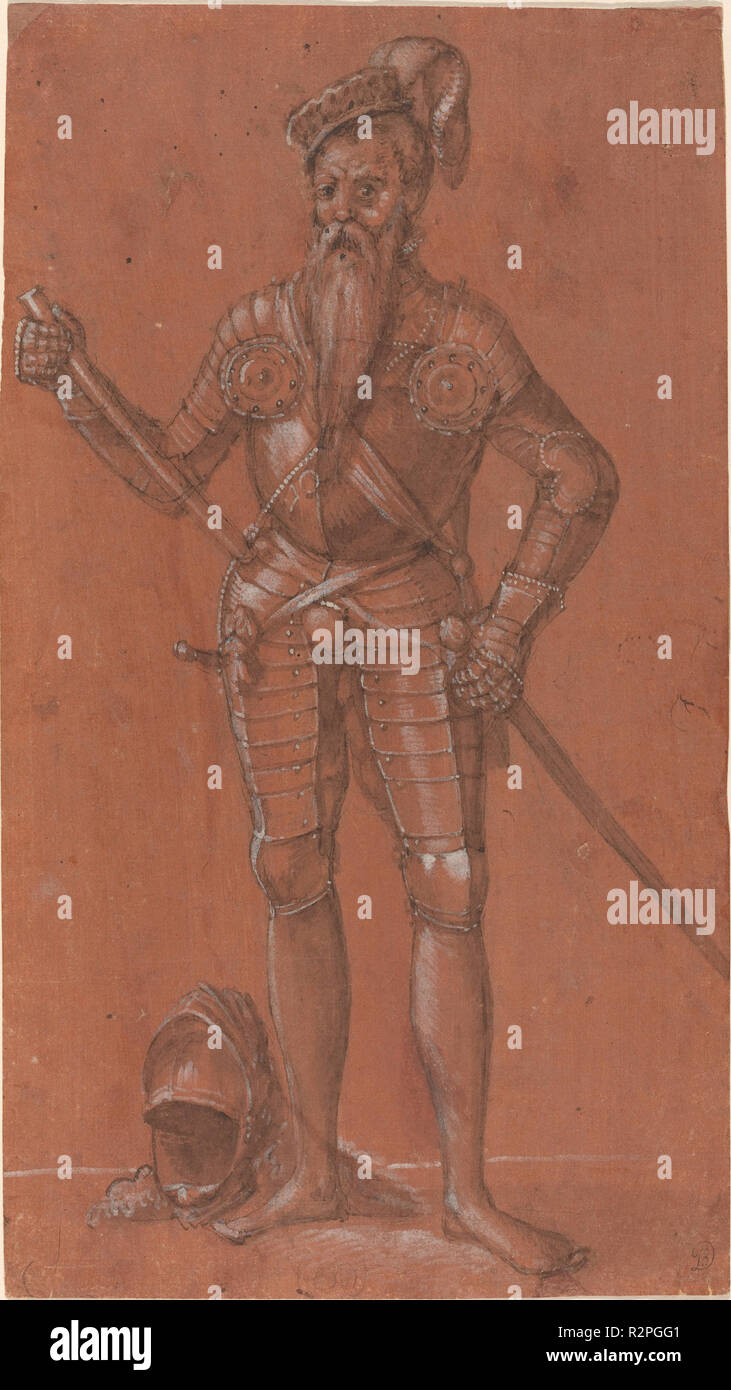 Un homme en armure. Dimensions : hors tout : 28,3 x 15,7 cm (11 1/8 x 6 3/16 in.). Médium : craie noire, plume et encre noire, grise et blanche rehaussée de lavage sur rouge-orange préparé sur papier. Musée : National Gallery of Art, Washington DC. Auteur : Swiss 16e siècle. Banque D'Images