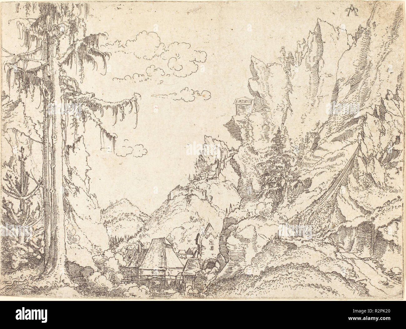 Paysage de montagne. En date du : 1510/1525. Dimensions : hors tout : 12,1 x 16,3 cm (4 3/4 x 6 7/16 in.). Technique : gravure sur bois sur papier. Musée : National Gallery of Art, Washington DC. Auteur : Erhard,. Banque D'Images