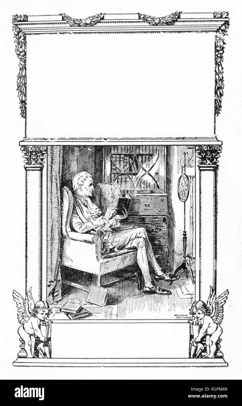 Frontispice gravé pour un livre vintage, doté d''une lecture de l'homme dans son étude, et deux chérubins. Copyspace pour titre, auteur et éditeur. Banque D'Images