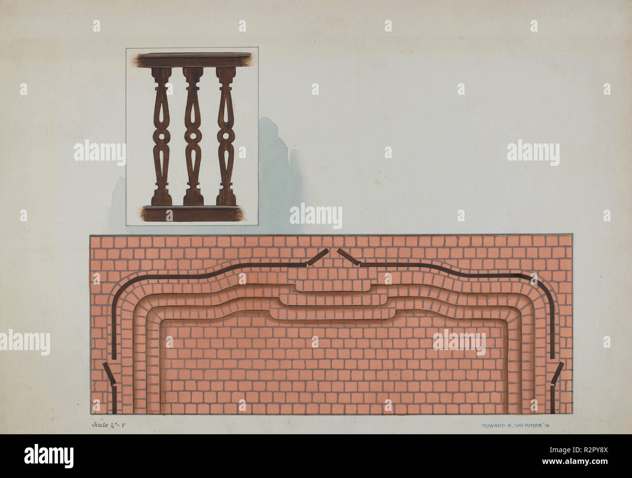 Étapes menant à la rampe et choeur Détail de balustrade, Église de la Mission San Luis Rey. En date du : 1936. Dimensions : hors tout : 24,4 x 35,5 cm (9 5/8 x 14 in.) Objet de la SAI d'origine : Largeur de rampe à l'intérieur mesures:c.38'. Hauteur de rampe : 28 1/2'. Médium : Aquarelle, crayon de couleur, gouache, encre et plume, et graphite sur papier. Musée : National Gallery of Art, Washington DC. Auteur : Howard H. Sherman. Banque D'Images