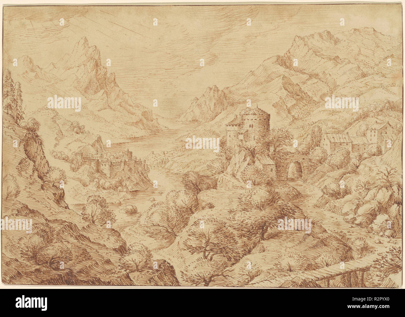 Vue panoramique du paysage de la rivière. En date du : ch. 1590. Fiche technique : Dimensions : 23,1 × 33,2 cm (9 1/8 x 13 1/16 in.). Médium : plume et encre brune sur les traces de craie noire sur papier vergé. Musée : National Gallery of Art, Washington DC. Auteur : Jacob Savery I. Banque D'Images