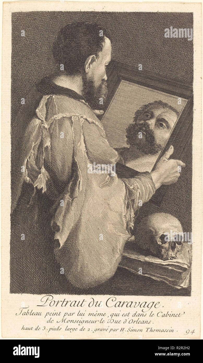 Portrait du Caravage (Portrait du Caravage). Fiche technique Dimensions : (découpés à l'intérieur d'une plaque mark) : 22,8 x 13,5 cm (9 x 5 5/16 in.). Technique : gravure sur bois sur papier lourd. Musée : National Gallery of Art, Washington DC. Auteur : Henri Simon Thomassin. Banque D'Images