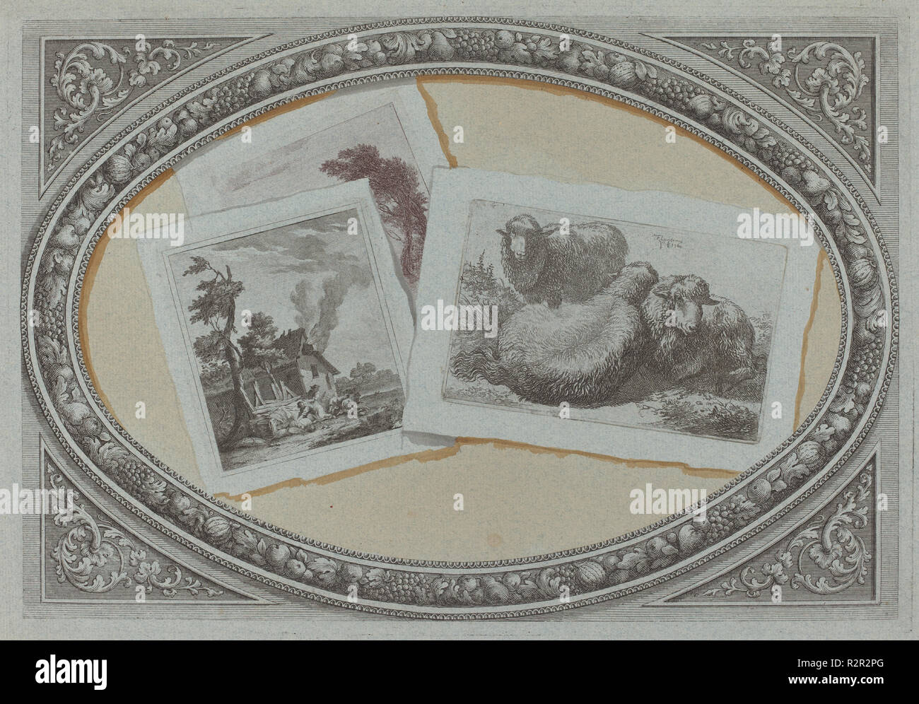 Trompe-l'Oeil : paysages et les moutons, l'utilisation de cuivres originaux. En date du : ch. 1790. Dimensions : Plateau : 25,8 x 37,5 cm (10 3/16 x 14 3/4 in.) : feuille 29 x 42 cm (11 7/16 x 16 9/16 in.). Médium : eaux-fortes et gravures en couleur avec des touches de la gravure imprimée en noir et brun à l'ocre aquarelle sur papier vergé bleu. Musée : National Gallery of Art, Washington DC. Auteur : Milanese 18e siècle, et Francesco Londonio. Banque D'Images