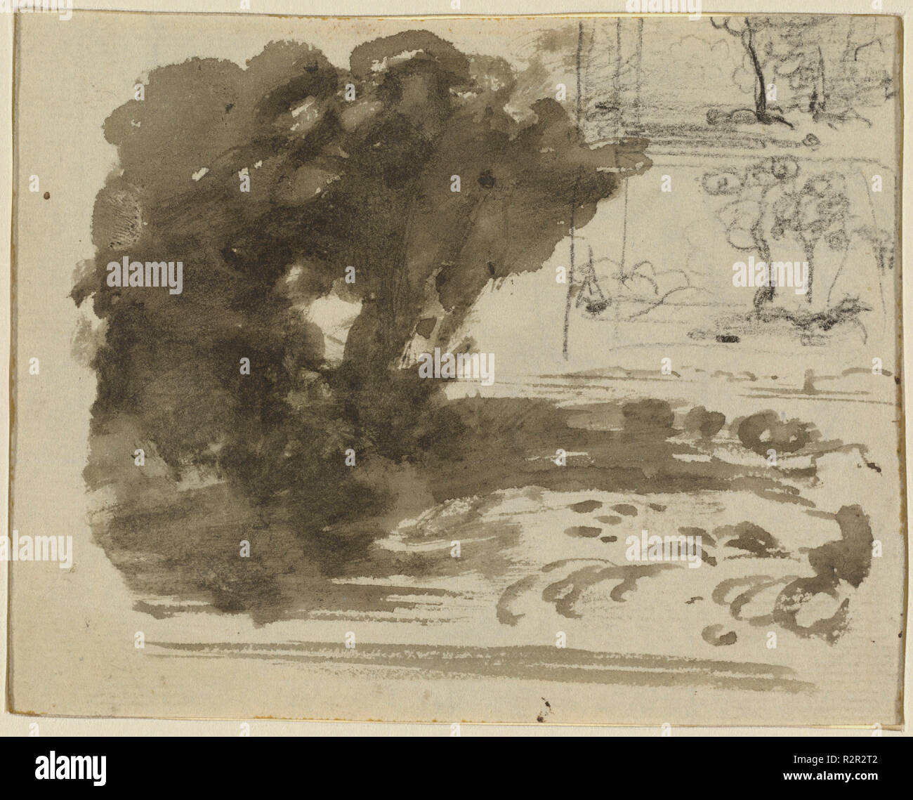 Un bouquet d'arbres [recto]. Dimensions : hors tout : 9,1 x 11,6 cm (3 9/16 x 4 9/16 in.). Médium : brosse et brun-gris se laver avec du graphite sur papier vergé. Musée : National Gallery of Art, Washington DC. Auteur : John Varley. Banque D'Images