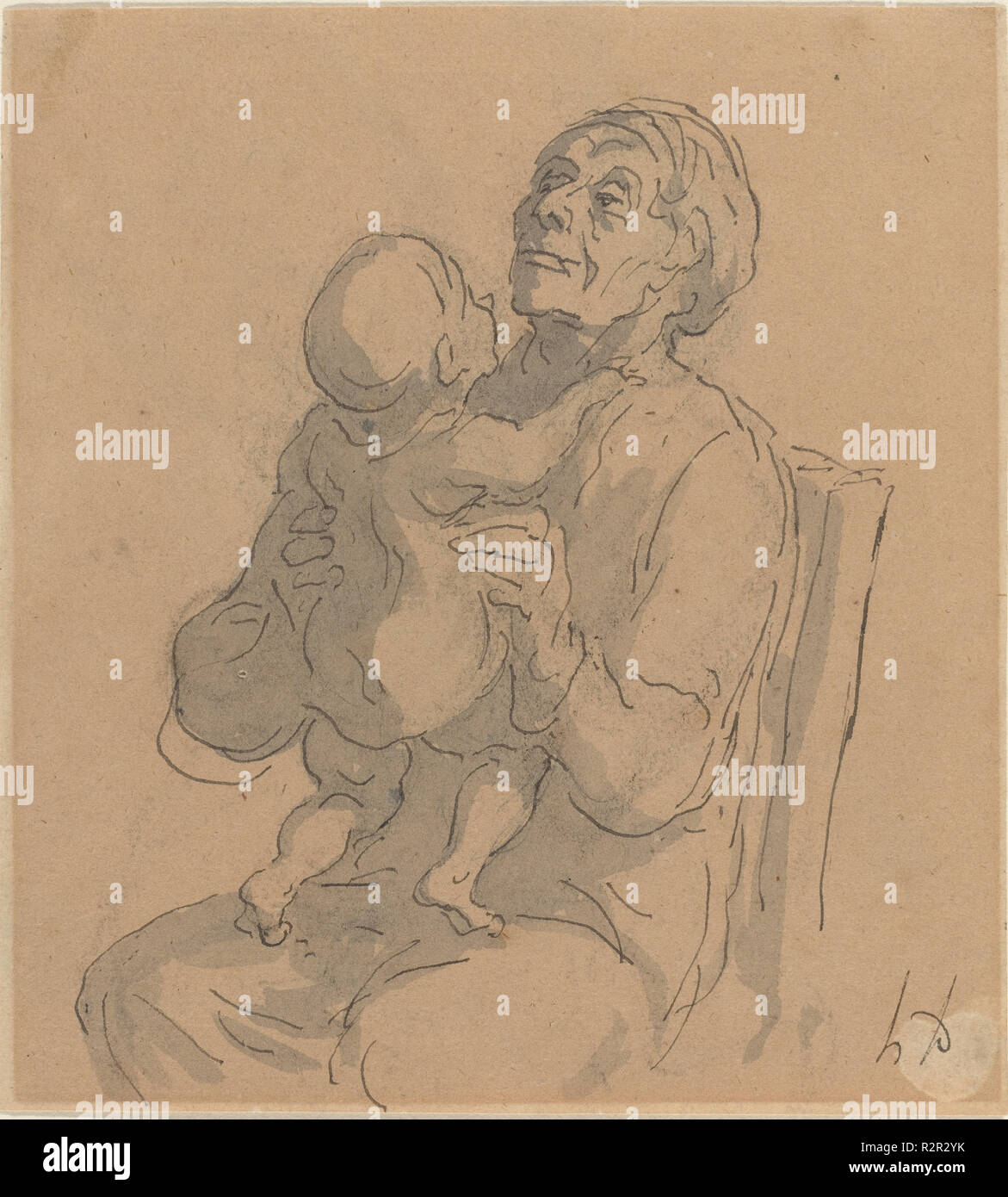 La grand-mère. Dimensions : hors tout : 14 x 12,8 cm (5 1/2 x 5 1/16 in.). Médium : plume et encre noire avec lavage gris sur papier vergé. Musée : National Gallery of Art, Washington DC. Auteur : Honoré Daumier. Banque D'Images