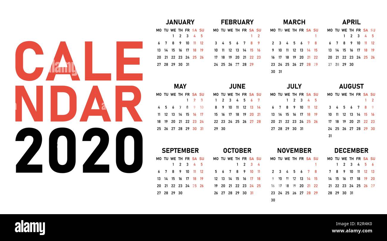 Calendrier 2020 Modèle de conception simple d'illustration vectorielle, effacer la semaine commence le lundi Illustration de Vecteur