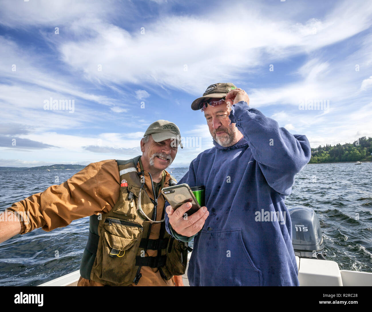 WA14630-00...WASHINGTON - Phil Russell et Jim Johansen vérifier le nombre de captures de crevettes sur son téléphone cellulaire pendant la pêche des crevettes sur le Puget Sound près de Banque D'Images