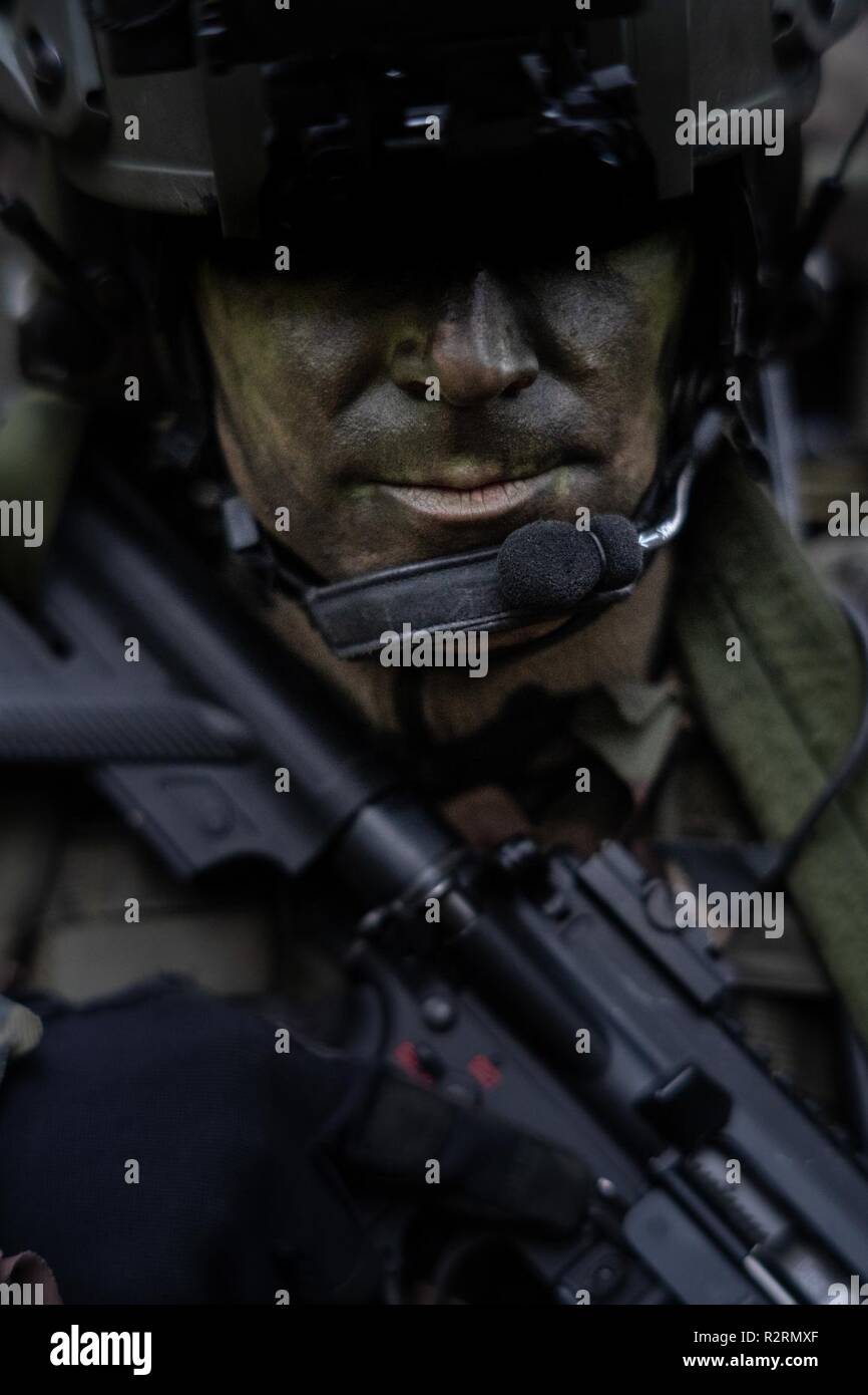 Un soldat avec les commandos de montagne français. Les commandos étaient en Norvège au cours de l'exercice Trident Stade 2018, qui a réuni environ 50 000 soldats de 31 pays membres de l'OTAN et les pays partenaires. Banque D'Images