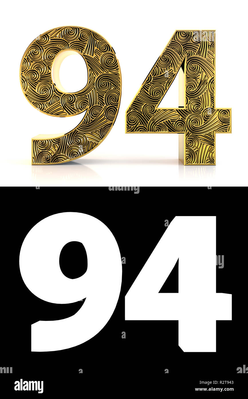 Nombre d'or vingt-quatre (94 ans) sur fond blanc avec style de motif Zentangle, ombre portée et canal alpha. 3D illustration. Banque D'Images