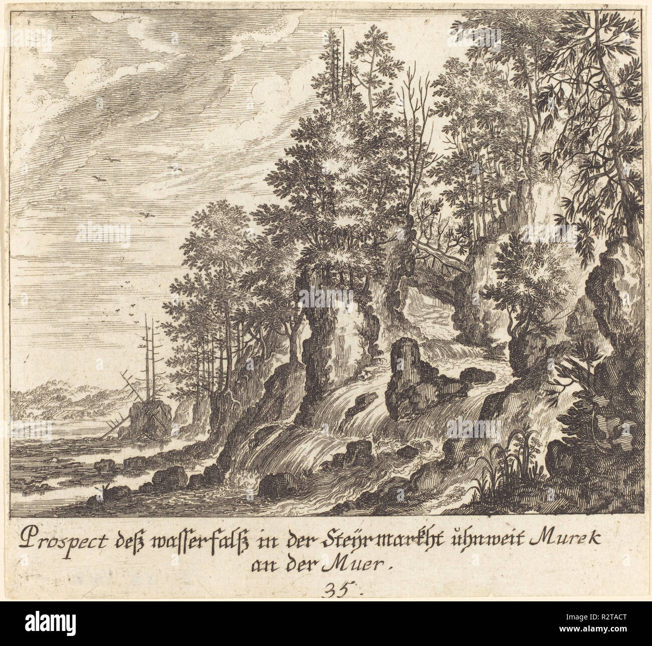 Chute d'eau. En date du : 1681. Technique : gravure. Musée : National Gallery of Art, Washington DC. Auteur : Melchior Küsel D'après Johann Wilhelm Baur. Banque D'Images