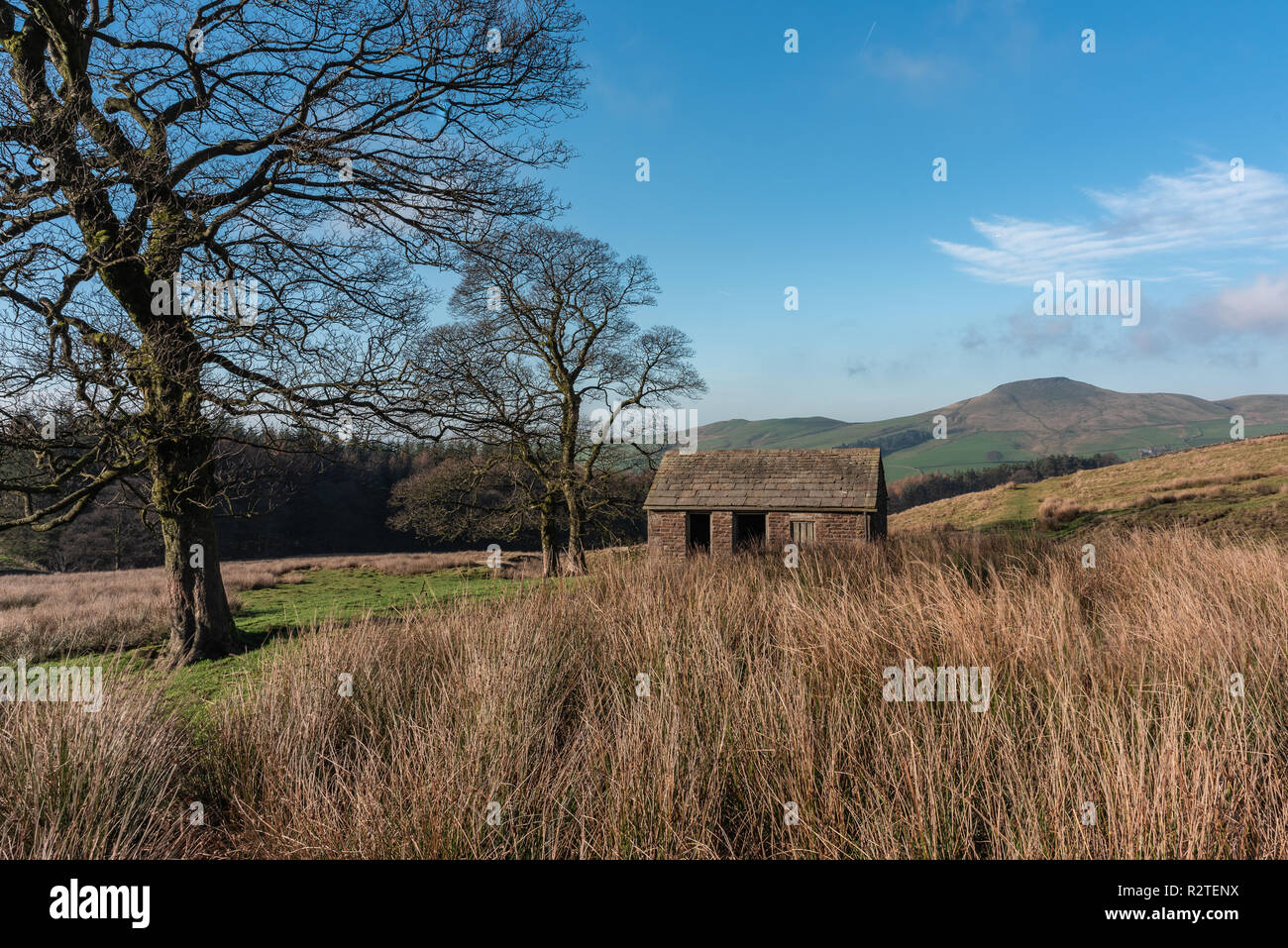 Vue d'un lointain Shutlingsloe hill dans Cheshire, parc national de Peak District. Banque D'Images