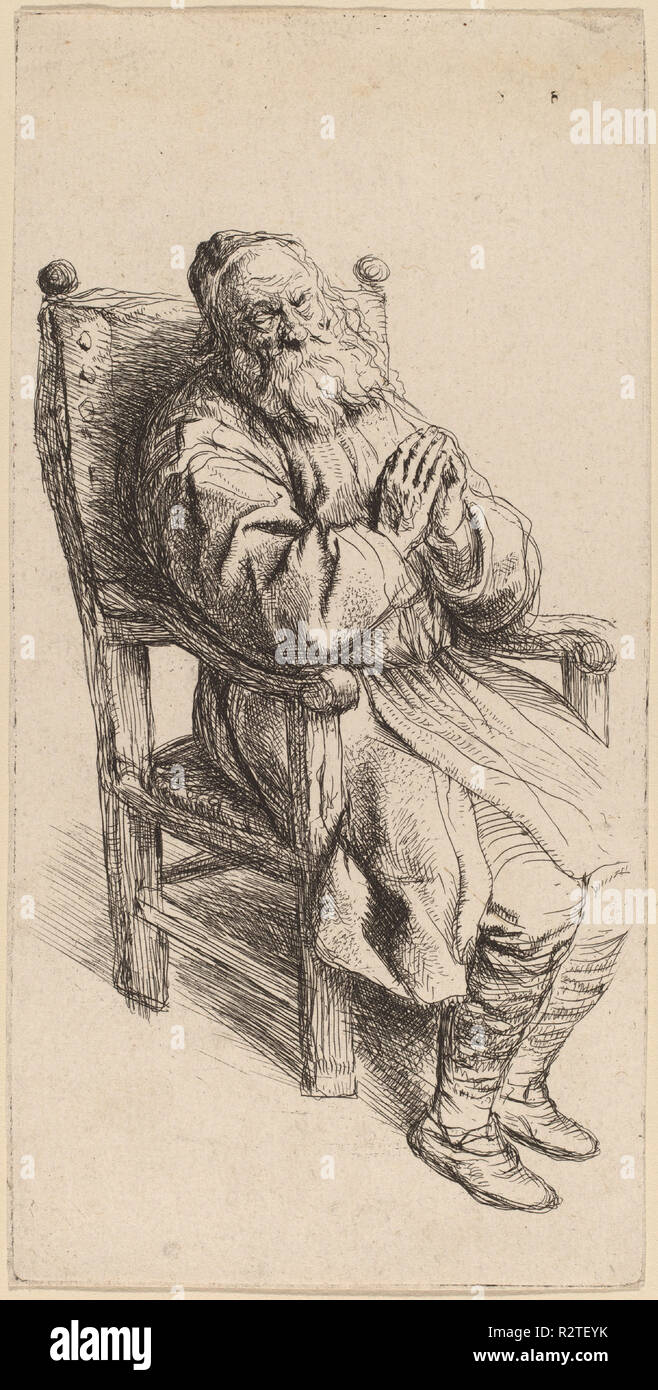Vieil Homme dormir dans un fauteuil. Technique : gravure. Musée : National Gallery of Art, Washington DC. Auteur : Salomon Koninck. Banque D'Images