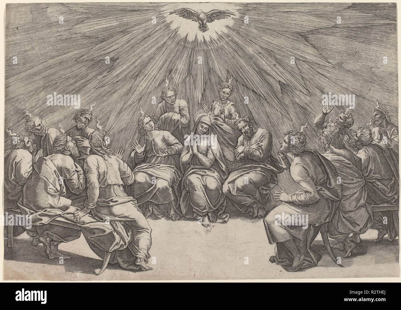 La Pentecôte. Technique : gravure. Musée : National Gallery of Art, Washington DC. Auteur : Gian Jacopo Caraglio après Raphaël. Banque D'Images