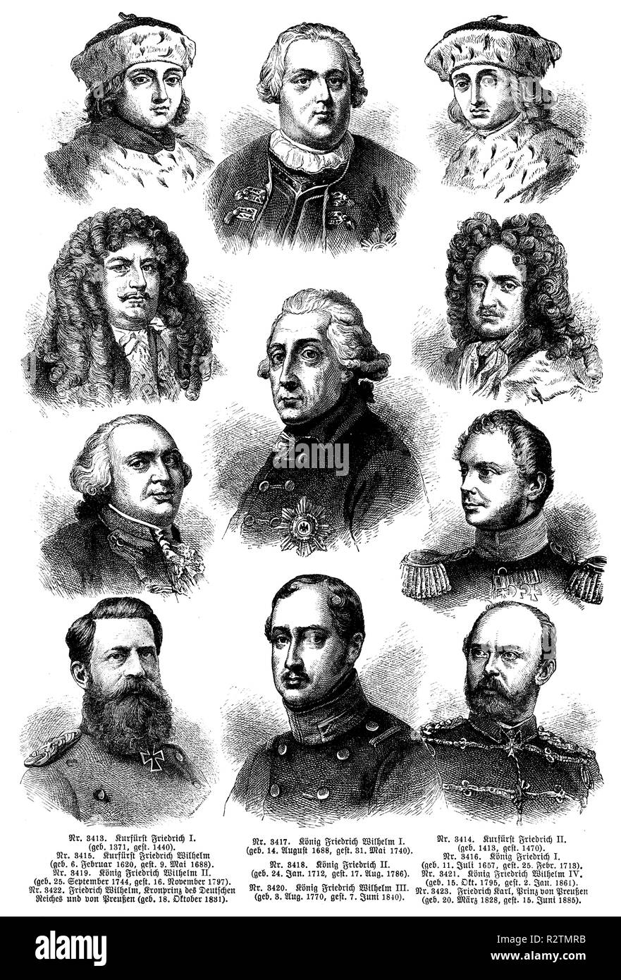 En haut à gauche en bas : prince électeur Frédéric I (né 1371 mort 1440) , , électeur Friedrich Wilhelm (né le 6 février 1620 , est mort le 9 mai, 1688 ), le roi Friedrich Wilhelm II (né le 25 septembre 1744 , mort le 16 novembre, 1797 ), Friedrich Wilhelm , Prince héritier de l'Empire allemand et de Prusse (né le 18 octobre, 1831 ) . Milieu de haut en bas : Le roi Frédéric-Guillaume I (b. 14 août 1688 , est mort le 31 mai, 1740 ), le roi Frédéric II (né le 24 janvier 1712 , est mort le 17 août, 1786 ), le roi Friedrich Wilhelm III . (Né le 3 août 1770 , décédé le 7 juin, 1840 ) . A droite en haut en bas : prince électeur Frédéric II (né en 1413 , di Banque D'Images