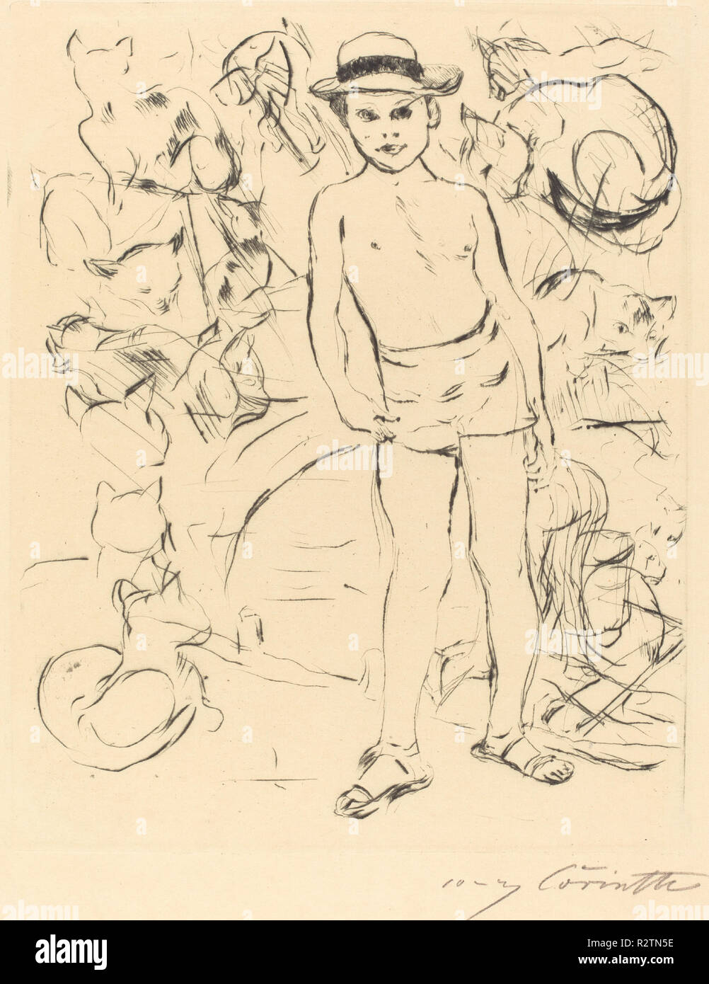 Man Bathing-Trunks et chapeau de paille (Knabe mit und Strohhut Badehose). En date du : 1915. Dimensions : 24,5 x 19,8 plaque : cm (9 5/8 x 7 13/16 in.) total : 33,1 x 24,4 cm (13 1/16 x 9 5/8 in.). Médium : pointe sèche en noir sur papier vergé. Musée : National Gallery of Art, Washington DC. Auteur : Lovis Corinth. Banque D'Images