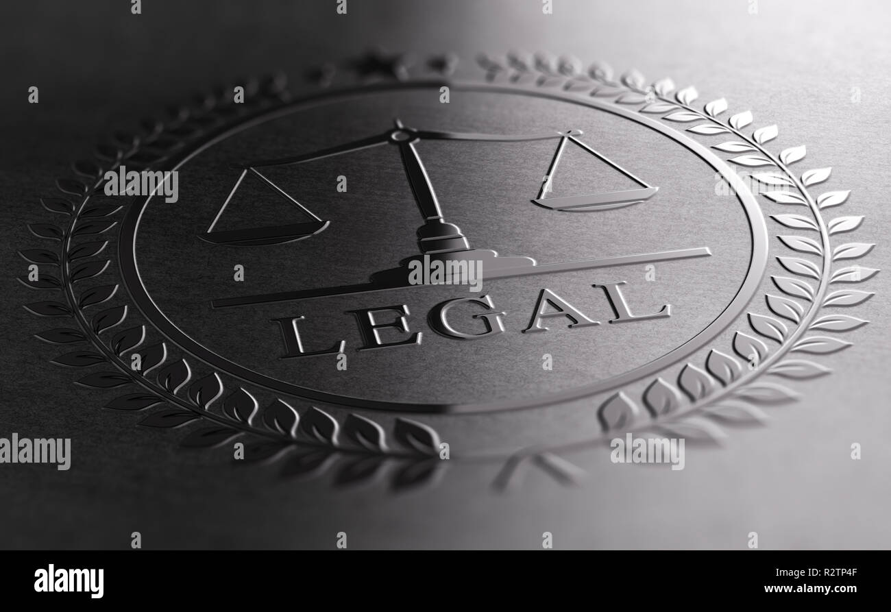 Mentions légales Conception signe avec balance de la justice le symbole imprimé sur fond noir. 3D illustration Banque D'Images