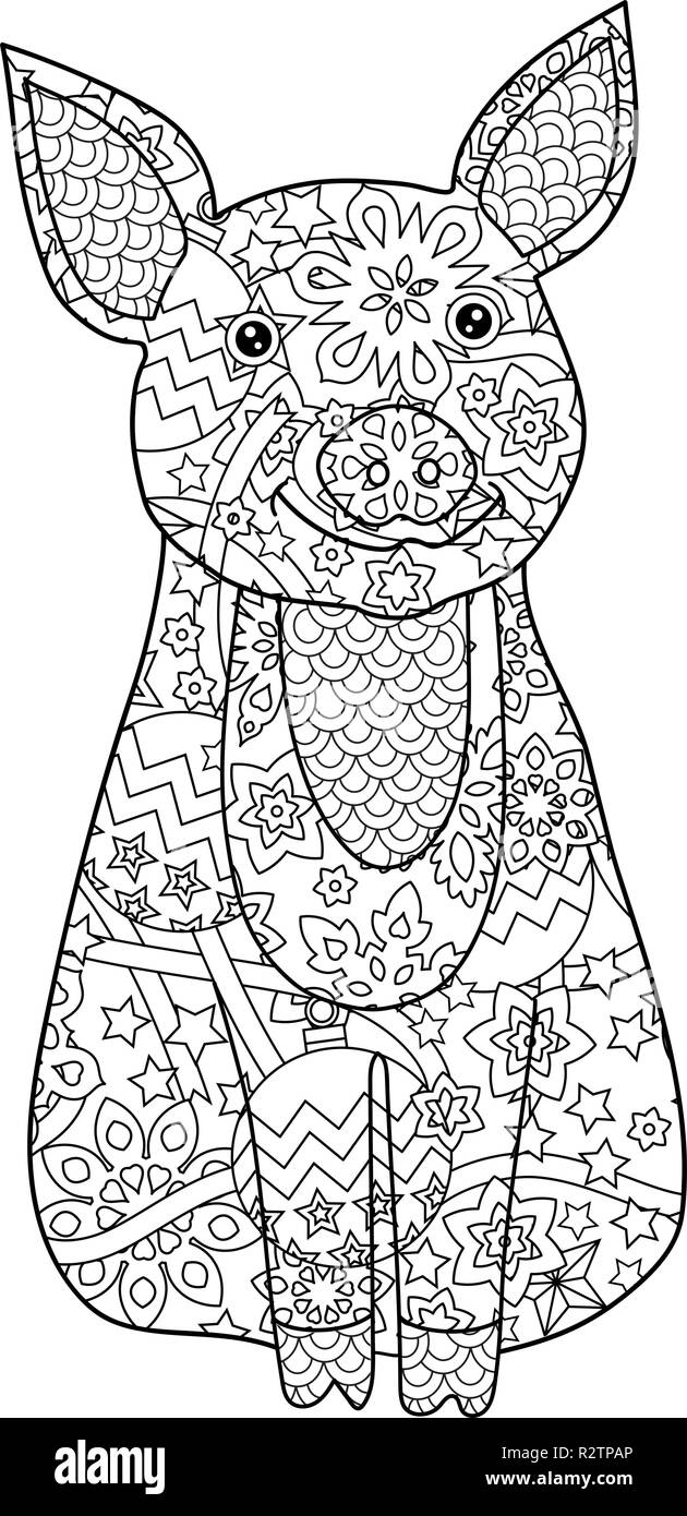 Cochon, symbole de la nouvelle année 2019 en style zentangle doodle inspiré isolé sur blanc. La page de coloriage pour adultes et les enfants plus âgés. Illustration de Vecteur