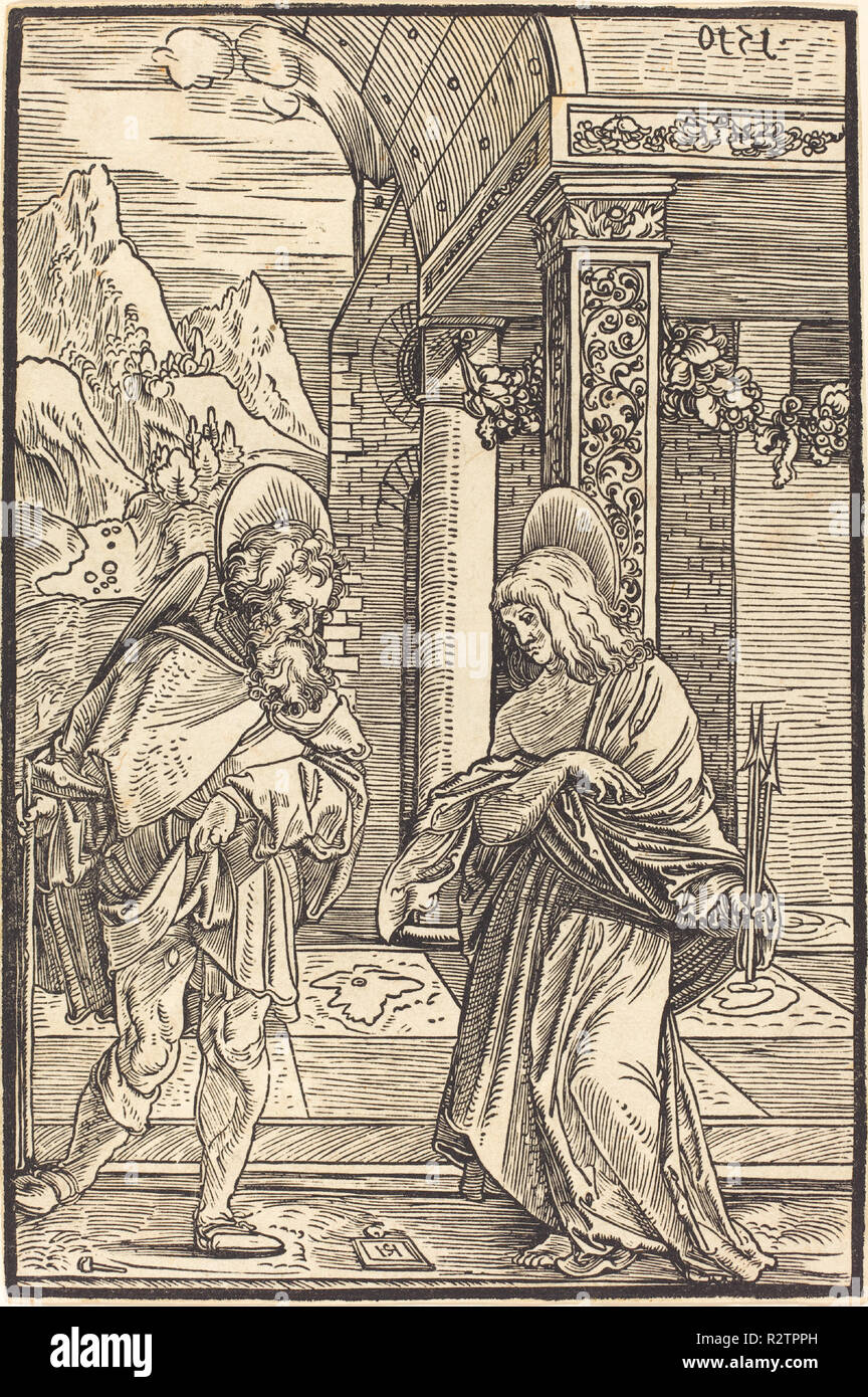 Saint Roch et Saint Sébastien. En date du : 1510. Technique : gravure sur bois. Musée : National Gallery of Art, Washington DC. Auteur : Hans Schäufelein Leonard. HANS LEONHARD SCHAEUFELEIN. Banque D'Images
