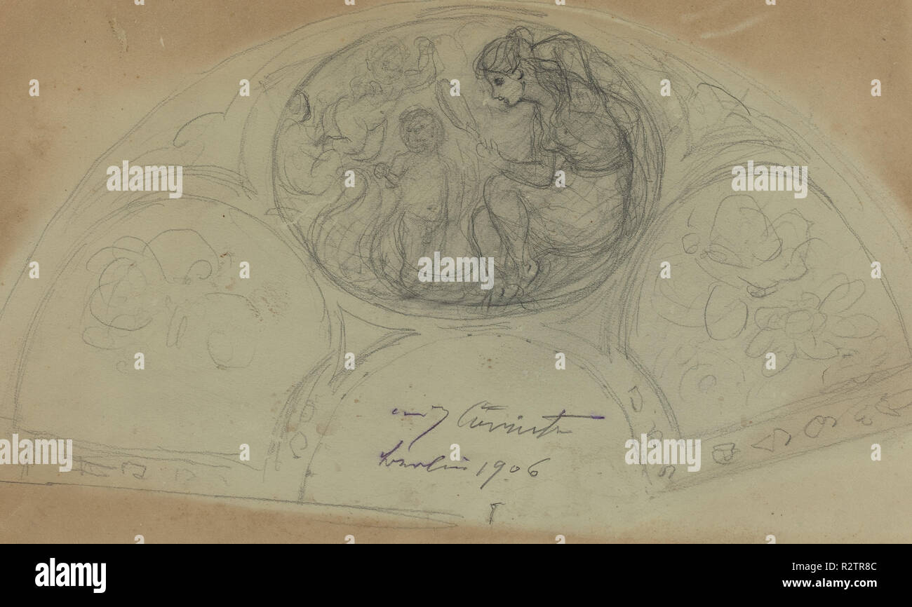 La conception du ventilateur [verso]. En date du : probablement 1906. Dimensions : hors tout (lunette) : 24,1 x 46,8 cm (9 1/2 x 18 7/16 po.). Technique : mine de plomb sur papier vert. Musée : National Gallery of Art, Washington DC. Auteur : Lovis Corinth. Banque D'Images