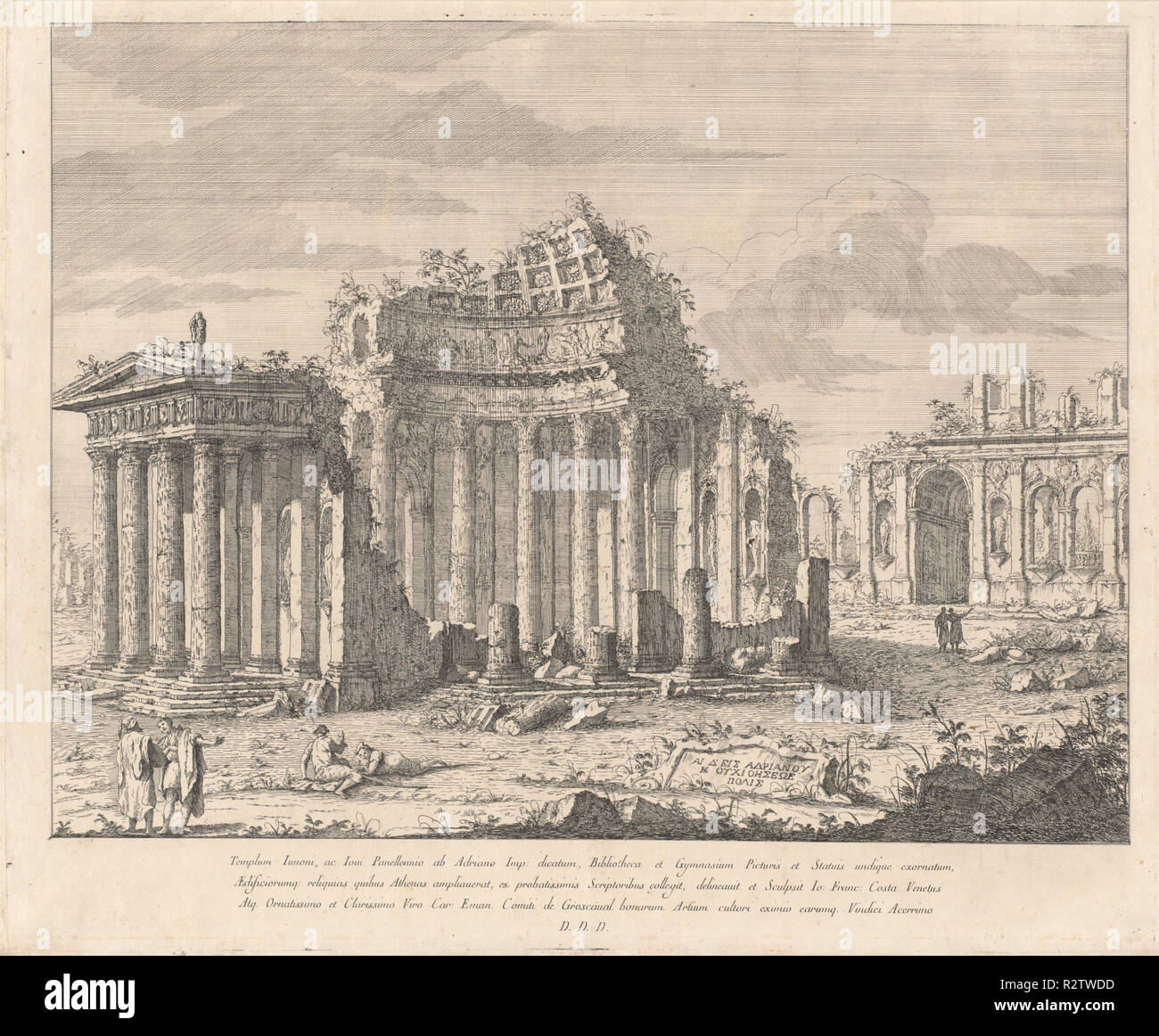 Templum Iunoni, ac Iovi Pavellennio (le Temple de Junon et de Jupiter). En date du : 1748. Dimensions : plaque : 47,2 × 55,9 cm (18 9/16 x 22 in.) feuille : 49,1 × 59 cm (19 1/4 à 5/16 × 23.). Technique : gravure sur bois sur papier. Musée : National Gallery of Art, Washington DC. Auteur : GIOVANNI FRANCESCO COSTA. Banque D'Images