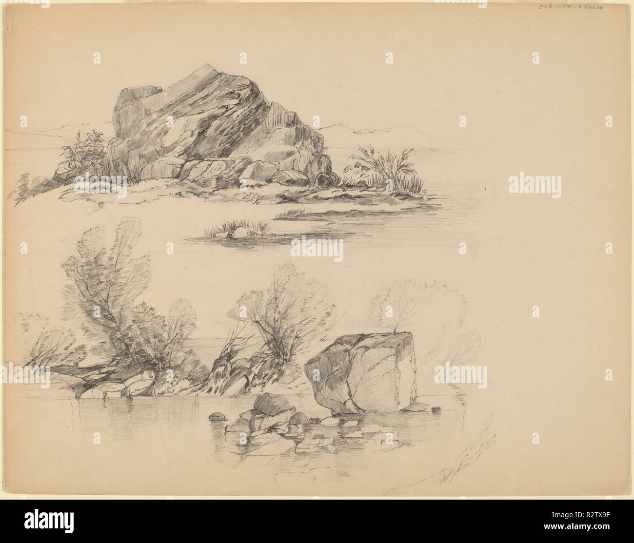 Rochers le long d'un lac [recto]. Fiche technique : Dimensions : 27,9 × 35,5 × 14 cm (11 in.). Médium : graphite. Musée : National Gallery of Art, Washington DC. Auteur : John William Casilear. Banque D'Images