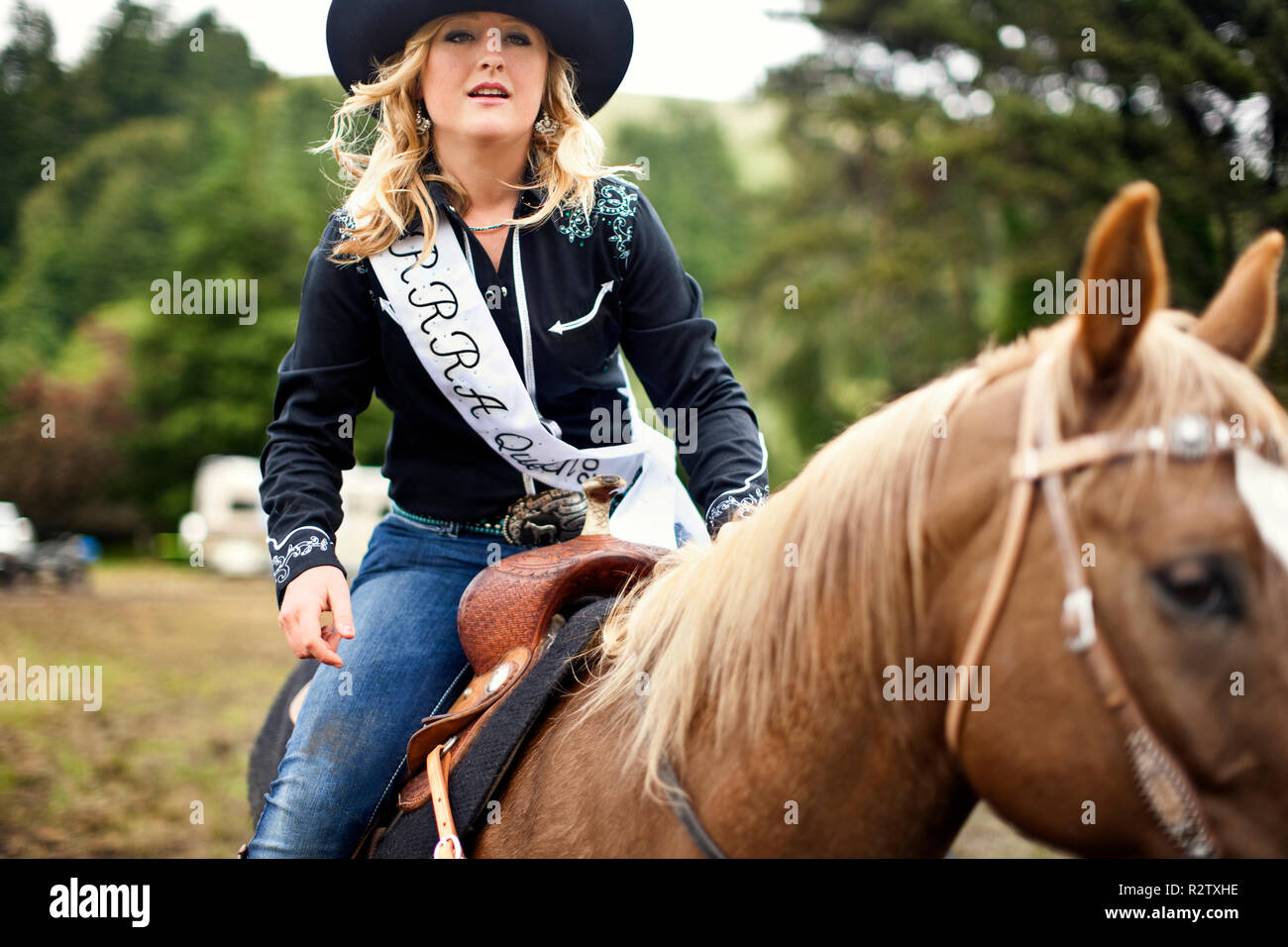 Jeunes adultes primé rider sur son cheval. Banque D'Images